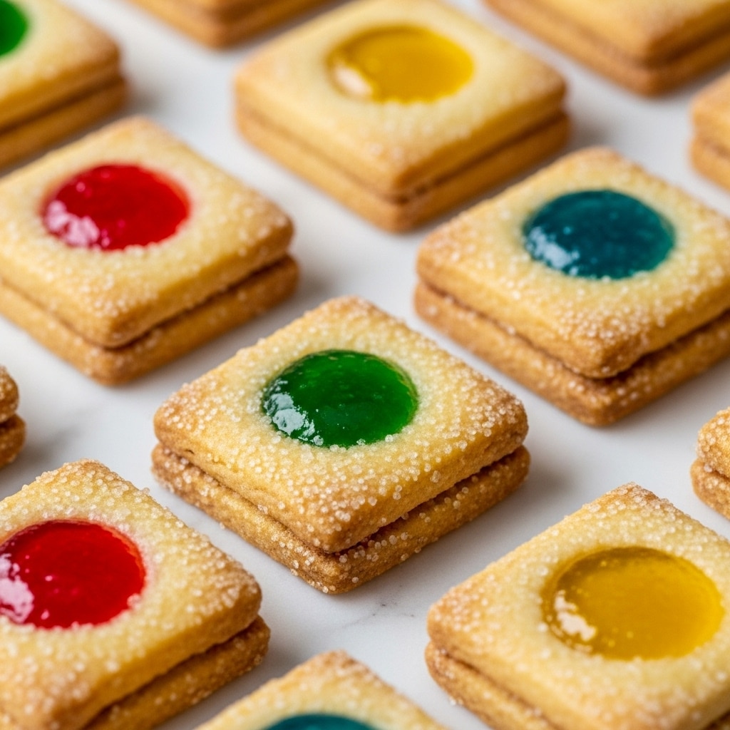 The image shows square cookies with thick, colorful jelly centers that look shiny and smooth. Each cookie has one layer of light golden-brown dough with a sprinkle of sugar around the edges, and a second layer of a raised, glossy jelly piece in red, green, blue, or yellow placed in the middle. The square cookies are arranged on a white marbled surface, and the jelly parts reflect light, making them look almost like tiny gems. photo taken with an iphone --ar 4:5 --v 7