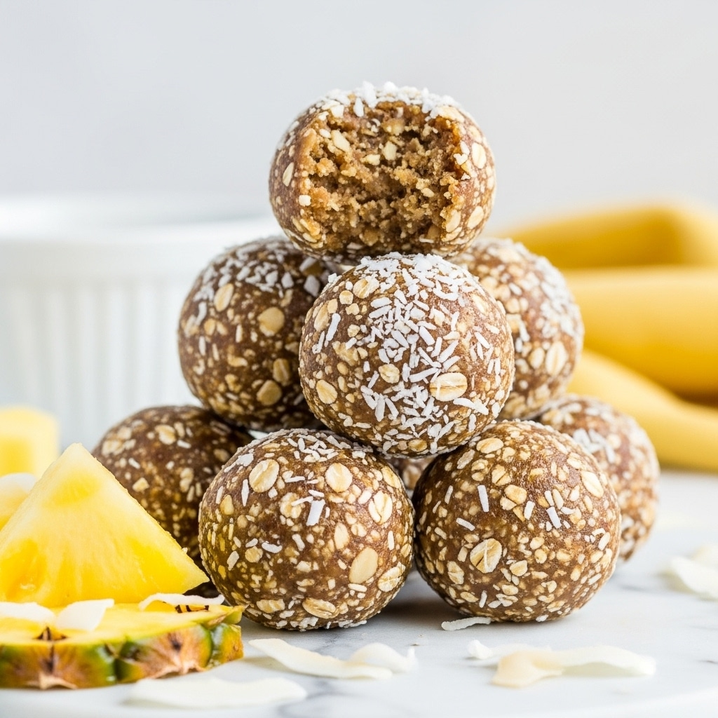 A close-up view of five round energy balls stacked in a pyramid on a white marbled surface. Each ball has a rough texture, covered with small white coconut flakes and showing a mix of light brown and beige colors with visible bits of oats and nuts. One ball on top is bitten, revealing a moist, dense inside with a grainy texture. In front of the pyramid, there is a bright yellow piece of pineapple with some shredded coconut sprinkled around. The background includes a white bowl and a yellow cloth, softly blurred. Photo taken with an iphone --ar 4:5 --v 7