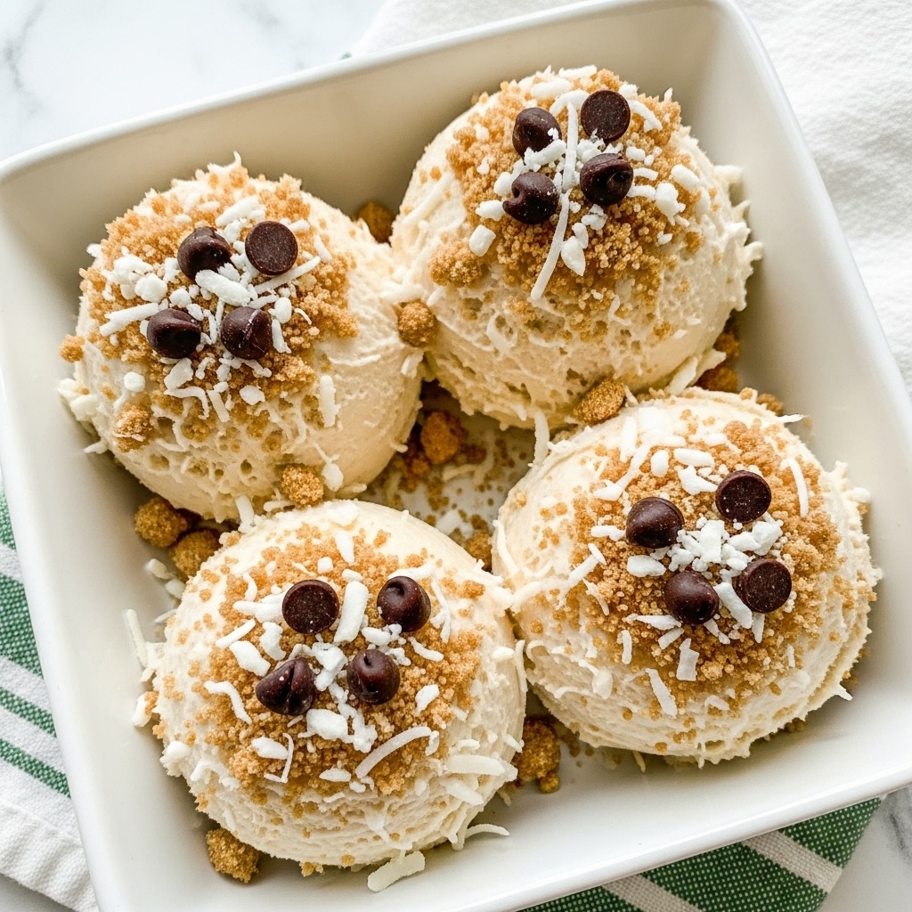 The image shows four scoops of a creamy, light beige dessert arranged closely in a white square dish. Each scoop is topped with a crunchy layer of light brown crumbs and scattered white shredded flakes. Dark brown chocolate chips are placed on top of the crumb and flakes in a casual pattern, adding contrast. The soft texture of the dessert contrasts with the crumbly and crunchy toppings, all set on a white marbled textured surface with a slight green-striped cloth beneath the dish. photo taken with an iphone --ar 4:5 --v 7