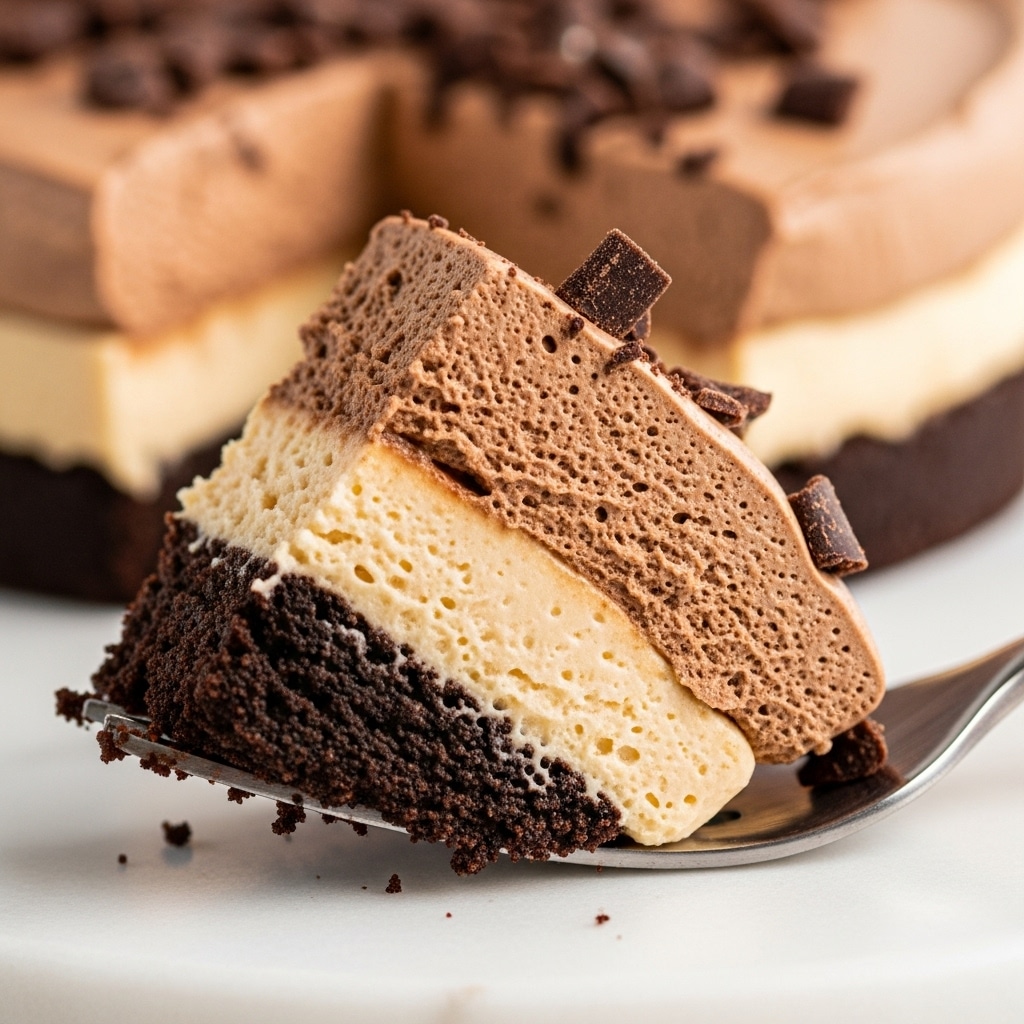 A close-up image of a fork holding a bite of a layered dessert, showing three visible layers: a dense, crumbly dark chocolate cookie crust at the bottom, a smooth light tan creamy layer in the middle, and a rich, fluffy chocolate mousse layer on top with small chocolate shavings scattered throughout. The edges of the fork and a blurred portion of the dessert are visible in the background on a white marbled surface. photo taken with an iphone --ar 4:5 --v 7