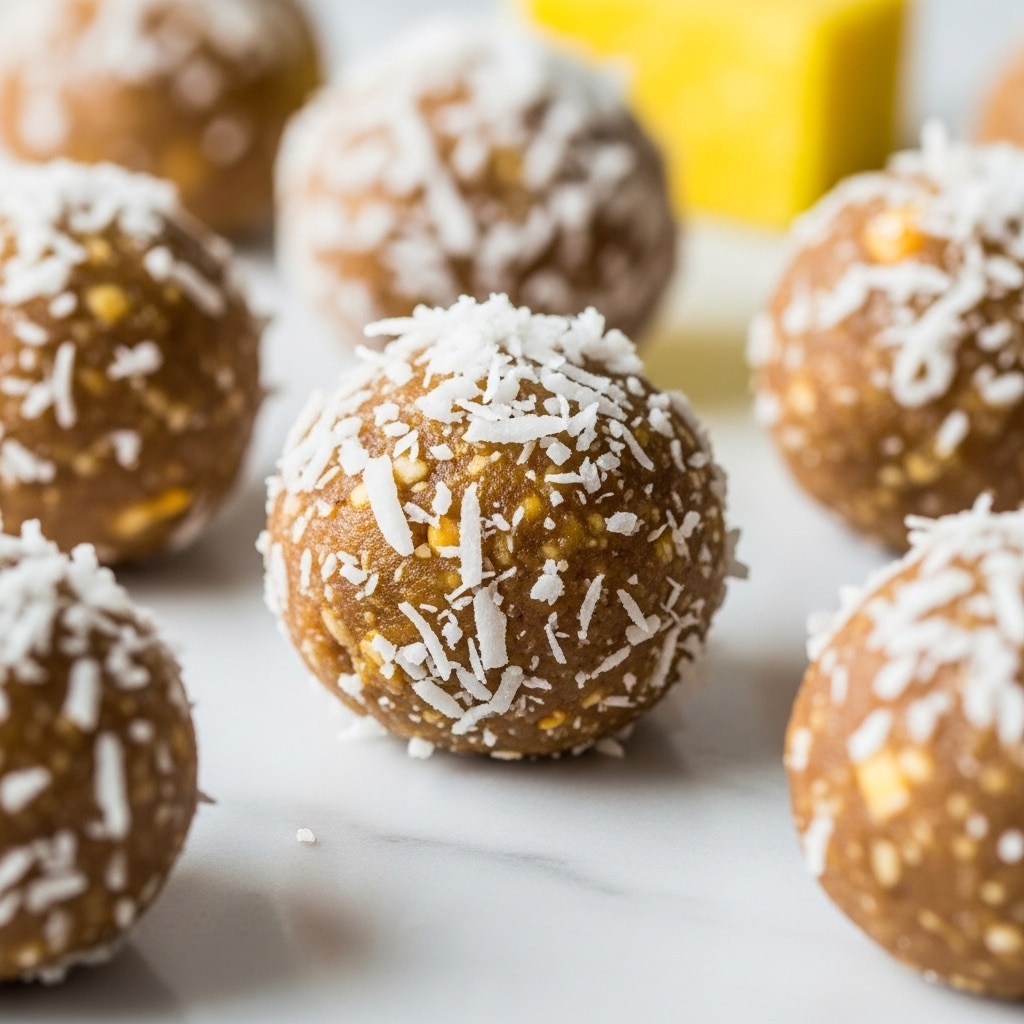 The image shows several small round energy bites arranged on a white marbled surface. Each bite has a rough texture with a light brown base and is coated with white shredded coconut pieces that create a slightly rough and uneven outer layer. The bites are close to each other with some parts in sharp focus and others slightly blurred, emphasizing the front center bite's grainy and moist texture. In the background, there is a single bright yellow piece with a smooth surface and some white flecks, adding a contrasting color to the scene. photo taken with an iphone --ar 4:5 --v 7