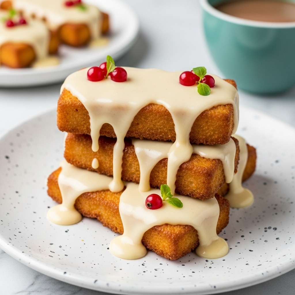 Three rectangular pieces of golden-brown fried dessert are stacked on a white speckled plate. Each piece is covered with a smooth, creamy off-white glaze that drips down the sides in thick, glossy layers. Small red berries and tiny green leaves are delicately placed on top of the glaze, adding a pop of color. The texture of the dessert looks crispy on the outside, contrasting with the soft shine of the glaze. The background has a white marbled surface with a blurry white plate holding another piece of dessert and a teal cup filled with brown liquid. photo taken with an iphone --ar 4:5 --v 7