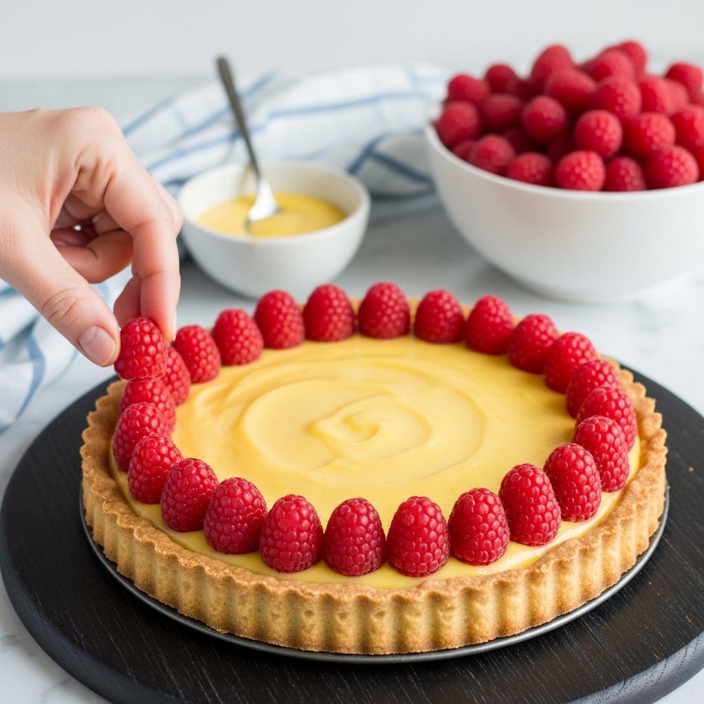 A tart with a golden-brown crust forms the base, topped with a smooth, bright yellow filling. Fresh red raspberries are being placed carefully in a single circle along the edge of the tart, with more raspberries filling the background in a white bowl. A woman's hand is gently adding one raspberry to the outer layer, bringing a fresh and natural touch. The tart sits on a dark wooden surface with a white marbled texture faintly visible, and a small bowl with yellow sauce and a spoon are placed behind it. Photo taken with an iphone --ar 4:5 --v 7