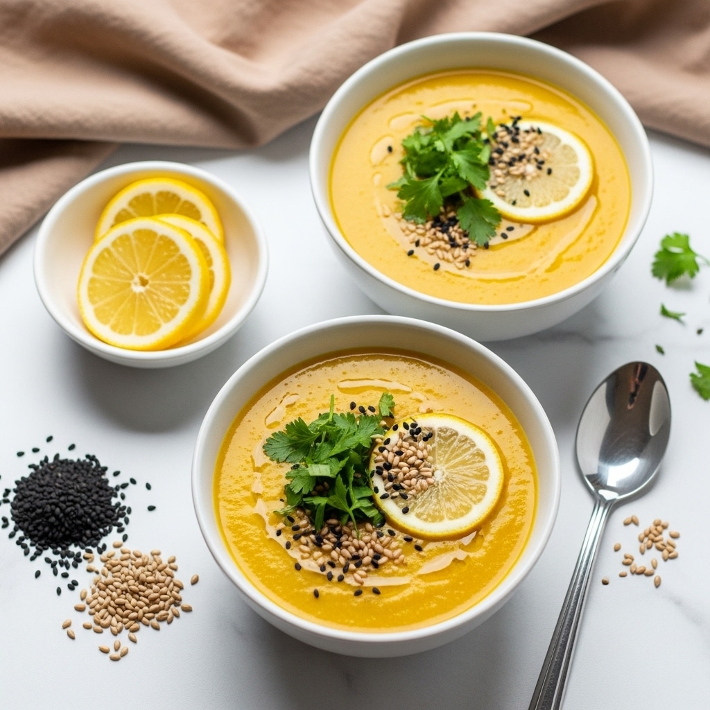 Two white bowls filled with thick yellow soup sit on a white marbled surface. Each bowl has a single thin slice of lemon resting on the soup’s surface, topped with a small pile of fresh green herbs and scattered black seeds. The soup looks creamy with a slightly textured surface. Around the bowls are small piles of black seeds and light brown seeds, a small white bowl with lemon slices, some scattered herbs, and a silver spoon to the right. A light brown cloth is placed behind the bowls, adding warm contrast to the scene. Photo taken with an iphone --ar 4:5 --v 7