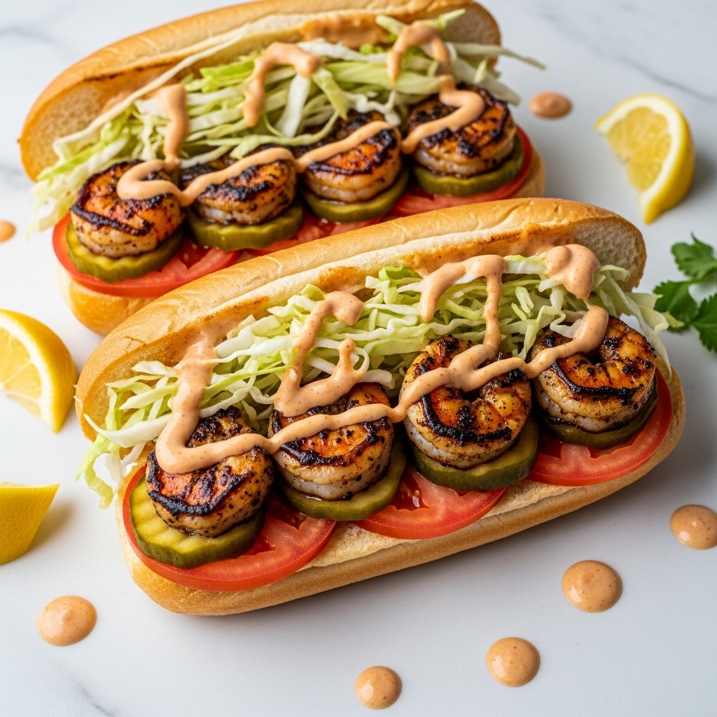 Two open shrimp po'boy sandwiches are placed on a white marbled surface. Each sandwich has a white hoagie bun with the top parts lifted, showing the layers inside. The first layer is slices of bright red tomato, followed by a layer of green pickle slices. Next, there are several grilled shrimp with a charred, dark brown color. On top of the shrimp, there is shredded pale green lettuce, drizzled with a creamy orange-brown sauce. Around the sandwiches, there are lemon wedges, pickle slices, and some extra shredded lettuce scattered on crumpled white paper. In the background, a bottle of red sauce is partially visible. photo taken with an iphone --ar 4:5 --v 7