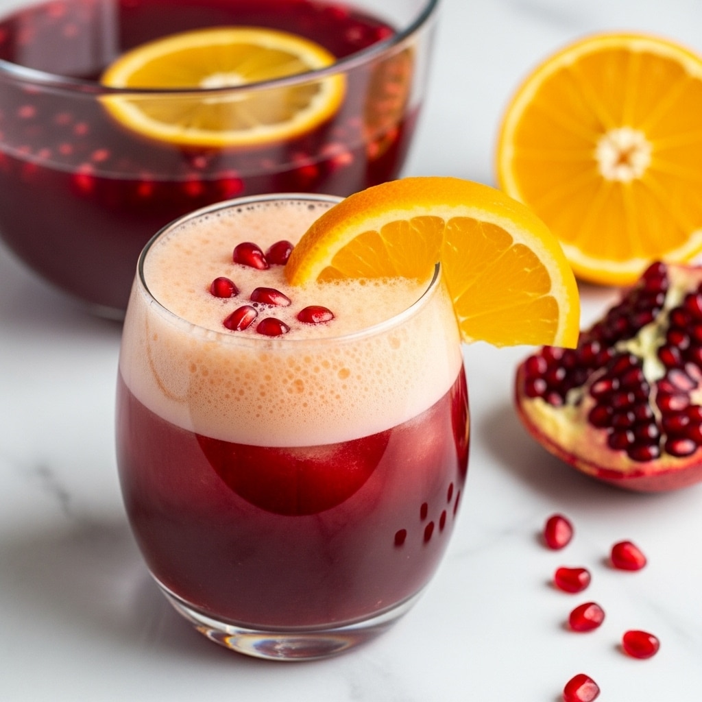 The image shows a glass filled with a layered drink having a deep red bottom layer with a frothy pale orange foam on top. Floating on the foam are a few scattered red pomegranate seeds. The glass is curved and rimmed with a bright orange slice placed on the right side. Behind the glass, there is a clear bowl filled with the same drink, featuring a visible orange slice floating inside. To the right, an orange half and some pomegranate seeds lie on a white marbled surface. The overall look is fresh and colorful. photo taken with an iphone --ar 4:5 --v 7