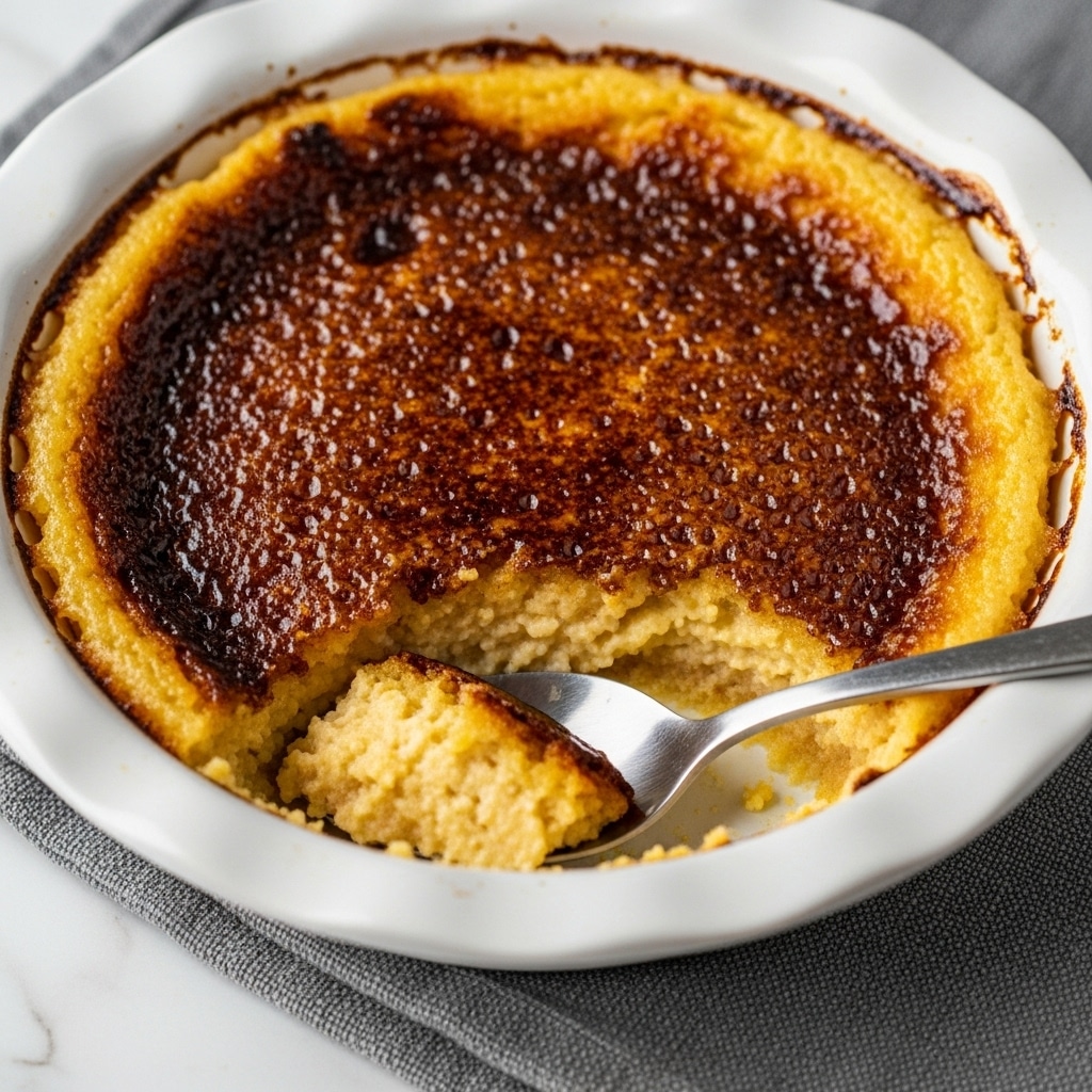 A shallow white ceramic dish holds a creamy baked dessert with a golden-yellow base and a thick, slightly grainy texture inside, exposed where a scoop has been taken out. The top layer is caramelized to a rich brown and dark amber color, forming a crispy, slightly uneven crust that contrasts with the smooth interior. The spoon resting in the dish has a reflective silver handle, slightly dipped into the soft dessert. The dish sits on a grayish textured cloth on a white marbled surface. photo taken with an iphone --ar 4:5 --v 7