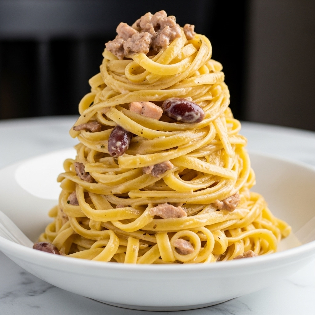 A tall pile of creamy fettuccine pasta with a light yellow color is placed in a white bowl. The pasta is coated in a rich creamy sauce with bits of light brown meat and small pieces of dark reddish-brown olives mixed throughout. The noodles look smooth and glossy, showing a soft texture. The bowl sits on a white marbled surface with a dark blurred background. photo taken with an iphone --ar 4:5 --v 7
