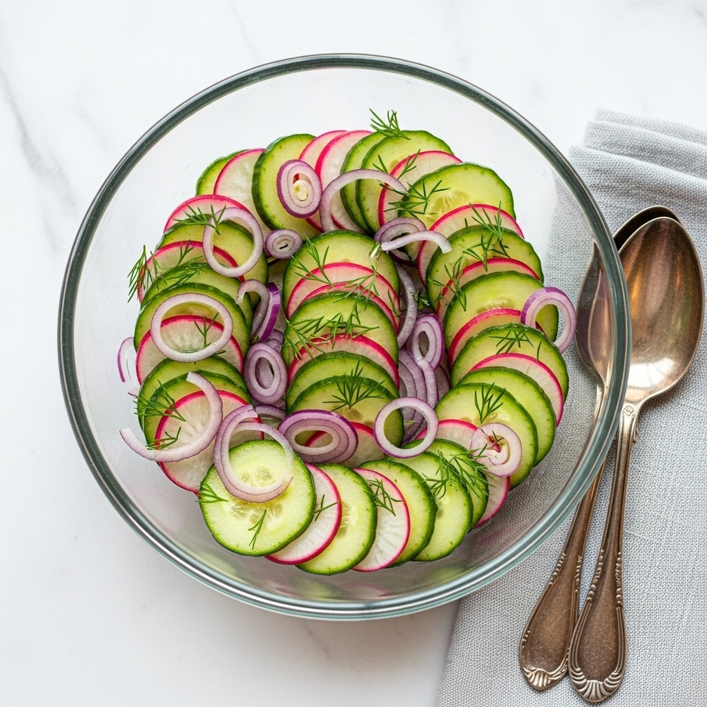 A clear glass bowl filled with a fresh salad made of thinly sliced cucumber and radishes, stacked evenly to show their round shapes and bright colors. The cucumber slices are light green with a watery texture, while the radish slices have a white center with a pinkish-red edge. Thin, curly slices of red onion add purple color throughout. Small sprigs of fresh green dill are spread on top, giving texture and a touch of brightness. The bowl sits on a white marbled textured surface with a folded light gray cloth nearby holding two antique silver spoons. photo taken with an iphone --ar 4:5 --v 7