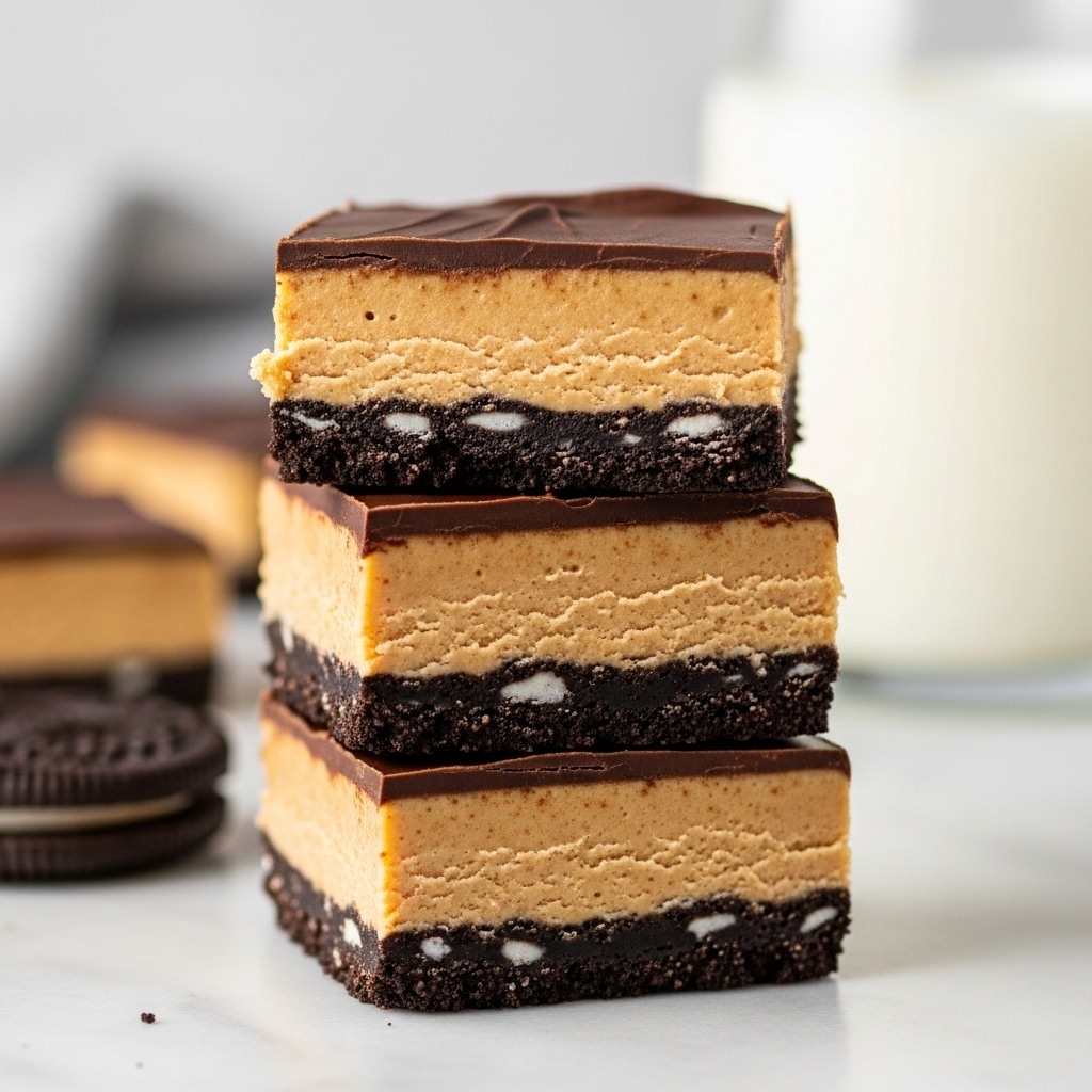 A close-up of three stacked dessert bars showing three layers each: the bottom layer is a dark, crumbly cookie crust, the middle layer is a thick, smooth peanut butter filling with a creamy texture and light brown color, and the top layer is a shiny, solid chocolate coating with slight unevenness on the edges. The stack sits on a white marbled surface with a glass of milk blurred in the background and an Oreo cookie partly visible on the left side. The lighting is soft and natural, highlighting the textures and colors clearly. Photo taken with an iphone --ar 4:5 --v 7