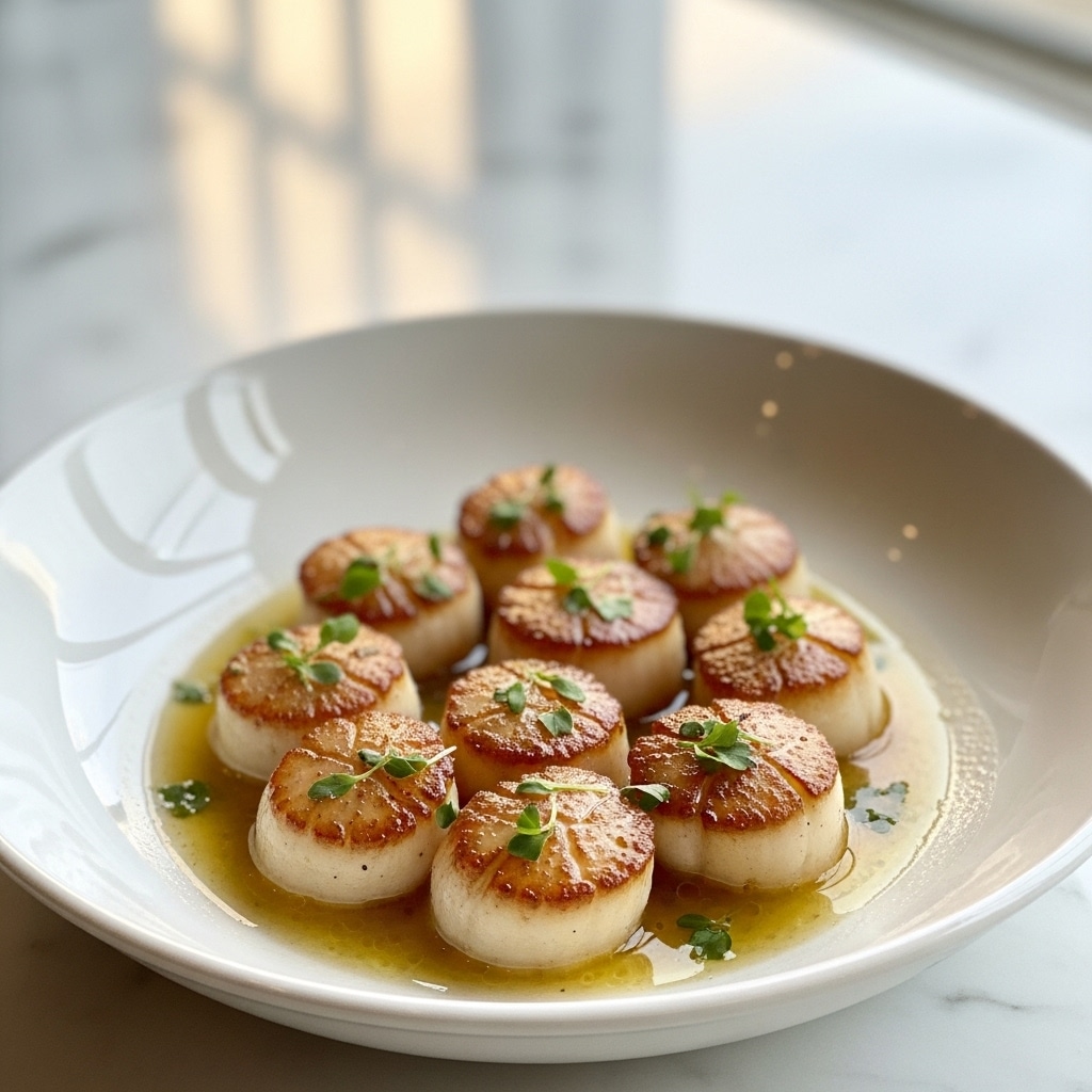 A white shallow bowl filled with a single layer of round seared scallops that are golden brown on top, sitting in a light buttery sauce with small green herb pieces sprinkled over the scallops and sauce, all resting on a white marbled surface with a blurred background showing soft warm light and window shapes, photo taken with an iphone --ar 4:5 --v 7