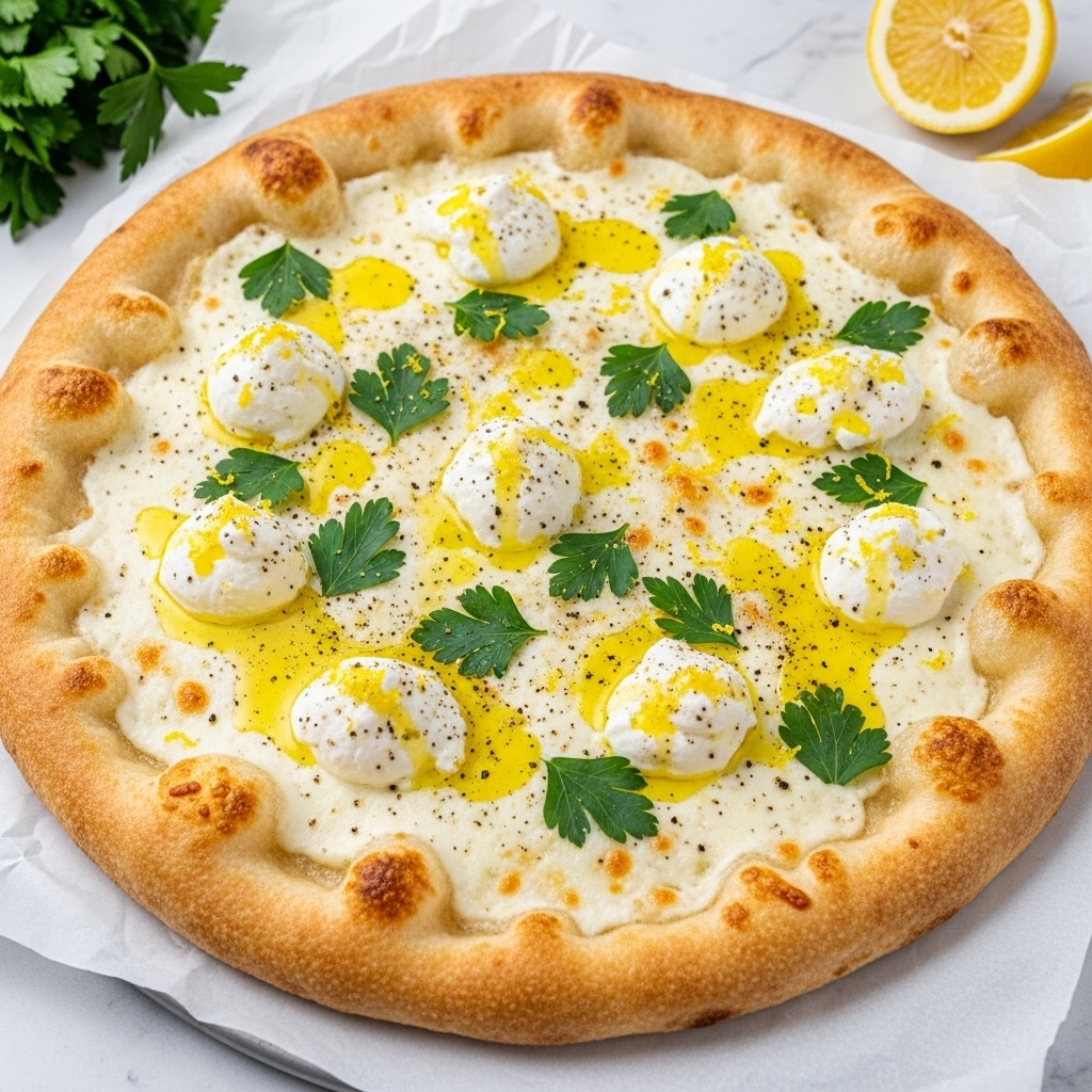 The image shows a round pizza with a thick golden-brown crust that is slightly puffy and has small browned spots. The base layer is a melted creamy white cheese covering the entire pizza surface evenly. On top, there are multiple small dollops of soft white cheese scattered all over. Bright yellow drops of olive oil are spread around these cheese dollops. Fresh green herb leaves, likely parsley, are sprinkled throughout the pizza adding color contrast. There is a light dusting of black pepper and some yellow lemon zest scattered on top as well. The pizza rests on white parchment paper on a white marbled surface. In the background, a sliced lemon and a green herb bunch are partly visible. Photo taken with an iphone --ar 4:5 --v 7