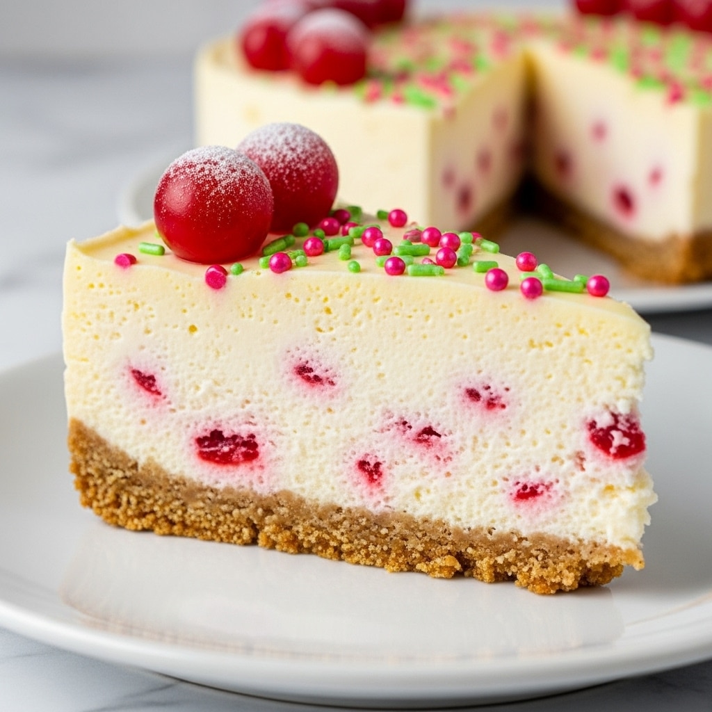 A slice of cheesecake is shown on a white plate with a crumbly golden-brown base layer at the bottom. The thick middle layer is creamy off-white with small red specks mixed throughout. The top layer is smooth and light yellow, decorated with small red round candies and tiny pink and green sprinkles scattered all over. A few red round berries dusted lightly with powder sit on top, adding color contrast. The background is a soft blur with a white marbled surface beneath the plate. Photo taken with an iphone --ar 4:5 --v 7