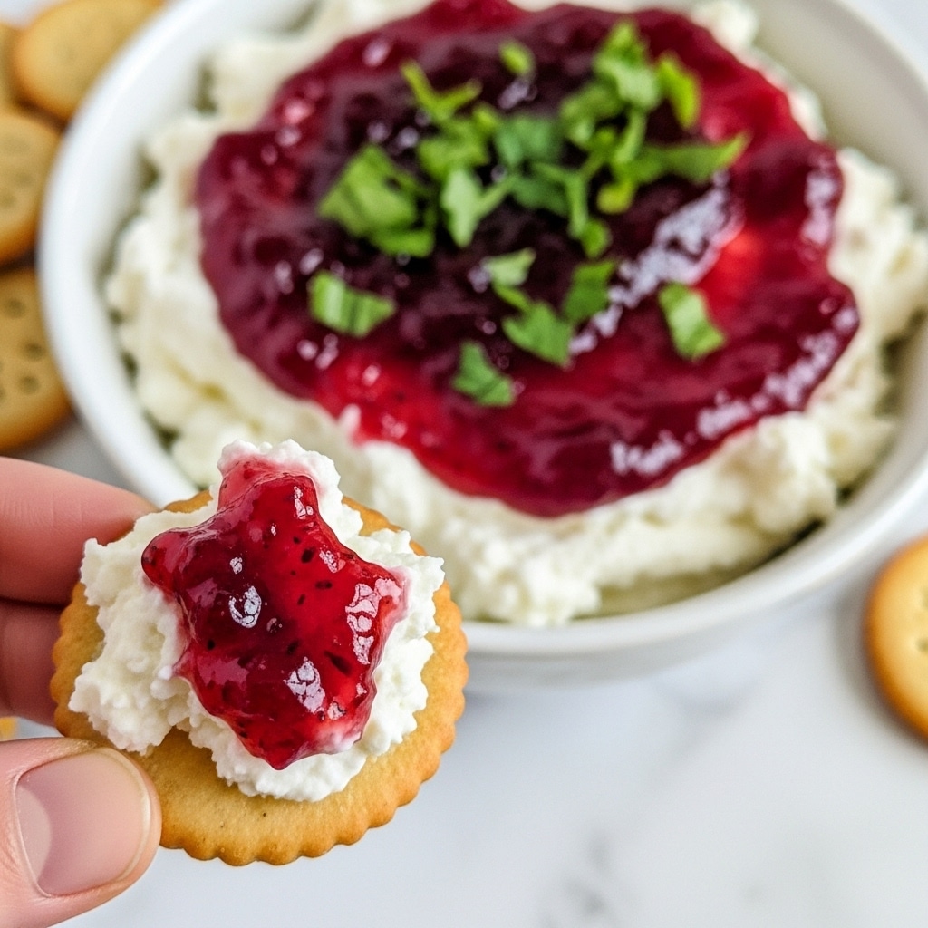 A close view of a small beige cracker held by a woman's hand, topped with a mix of white creamy cheese and deep red jelly-like fruit jam, showing a soft and smooth texture. In the background, a white bowl with layers of white creamy cheese at the bottom, topped by thick red jam spread evenly, and scattered fresh green herbs on top, all sitting on a white marbled surface. Photo taken with an iphone --ar 4:5 --v 7