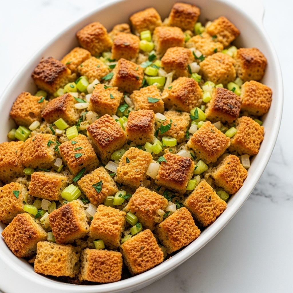 This image shows a close-up of a dish filled with toasted bread cubes that are golden brown and crispy on top. The cubes are mixed with finely chopped light green celery pieces and small bits of translucent onion. The bread is seasoned with green herbs scattered evenly throughout. The dish is served in a white oval baking dish placed on a white marbled texture. The lighting highlights the crunchy texture and the mix of warm golden and fresh green colors. photo taken with an iphone --ar 4:5 --v 7