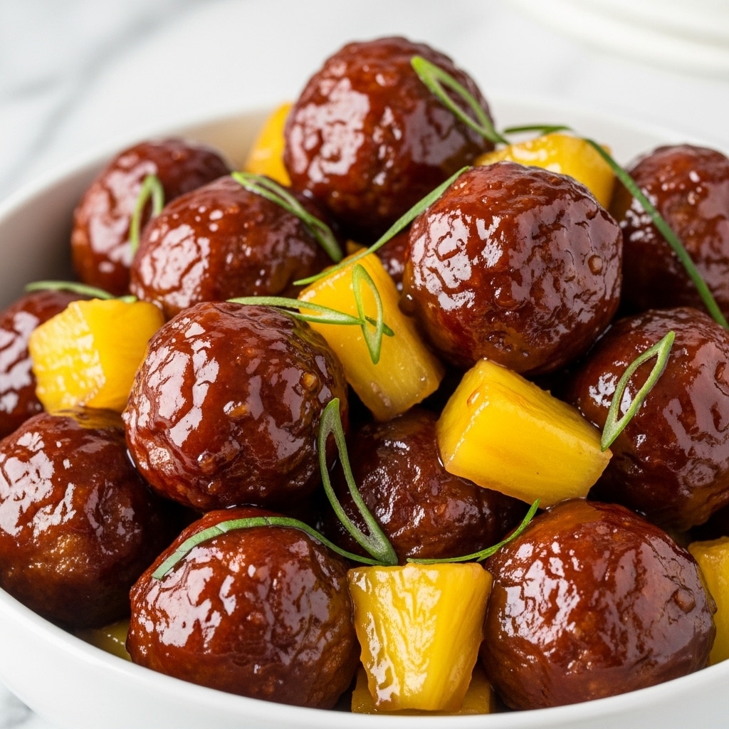 The image shows a close-up of a bowl filled with glossy, dark brown glazed meatballs, each coated in a thick, shiny sauce. Mixed in are chunks of bright yellow pineapple pieces adding a contrasting color and texture. Scattered on top are fresh green herb leaves, some thin and feathery, adding a fresh touch to the dish. The white bowl holding the food has a smooth texture, and the background shows a white marbled surface slightly blurred to keep focus on the meatballs and pineapple. photo taken with an iphone --ar 4:5 --v 7