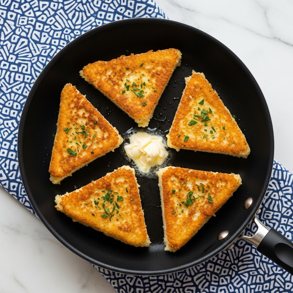 The image shows five pieces of golden-brown fried bread cut into triangular shapes and arranged in a circle inside a black frying pan. Each piece has a slightly crispy, textured surface with some darker browned spots and small green herb flakes on top. In the middle of the pan, there is a small white dollop of melting butter. The pan is placed on a white marbled surface, with a blue and white patterned cloth partially underneath it. The overall look is warm and inviting. photo taken with an iphone --ar 4:5 --v 7