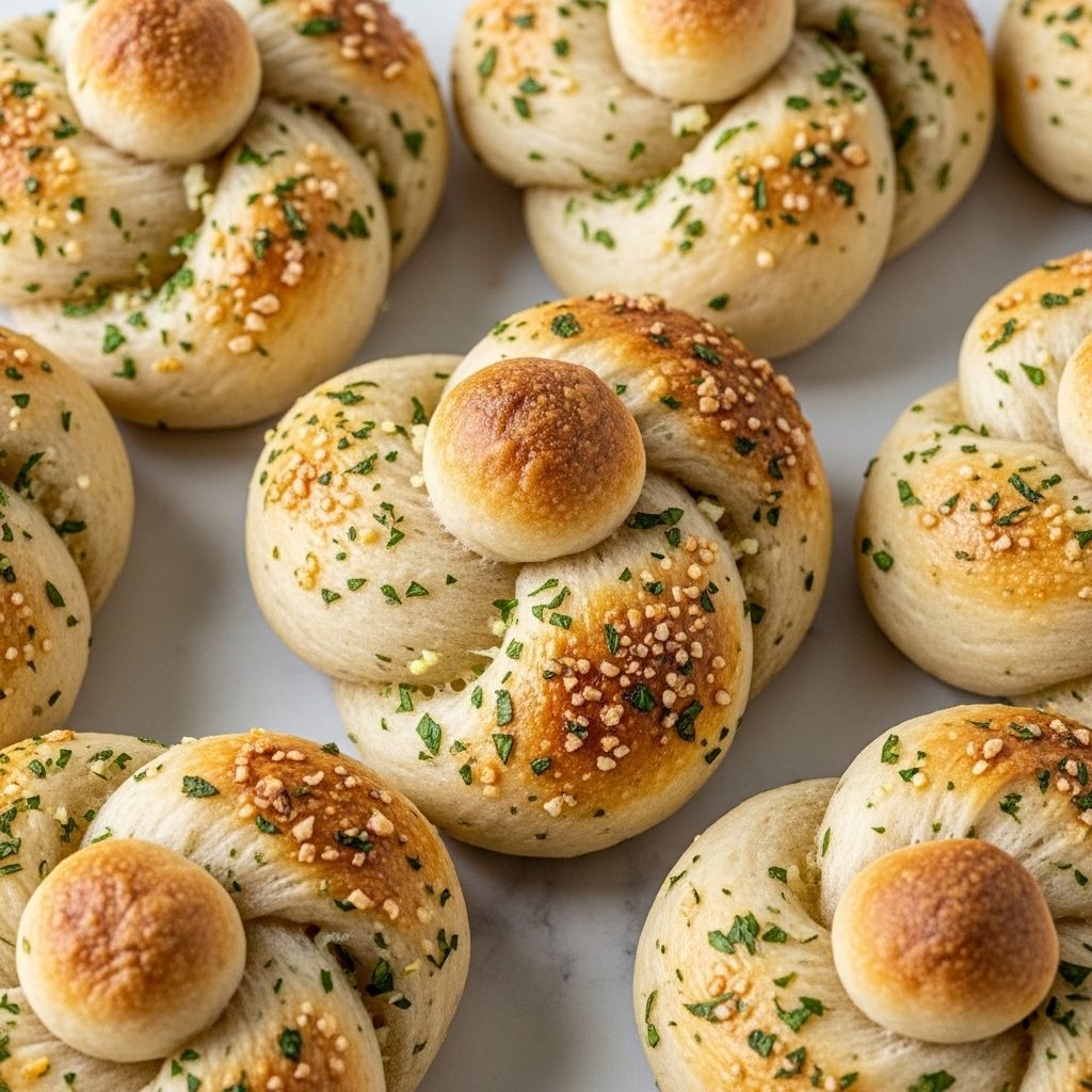 The image shows several garlic herb knots, each with a twisted shape forming a round knot with a small dough ball on top. The dough is baked to a light golden color with a slight crisp on the outside, and it is sprinkled evenly with green herbs and specks of garlic. The texture looks soft inside and slightly crusty on the outside, with tiny bits of seasoning adding a rough texture to the surface. The knots are close together on a white marbled texture. photo taken with an iphone --ar 4:5 --v 7