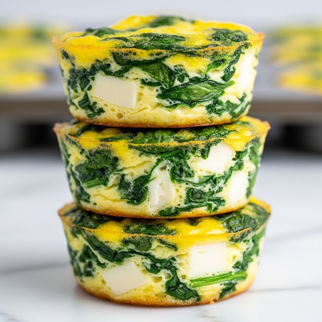 A stack of three small round egg muffins, each with a thick layer filled with chopped green spinach and melted white cheese mixed into a light yellow egg base, showing a soft, slightly puffy texture. The spinach pieces are evenly distributed throughout each muffin, giving a fresh green contrast against the creamy yellow and white colors. The bottom edges are lightly browned, hinting at a slight crispiness. The muffins are placed on a white marbled surface, with a blurred background that suggests a muffin tray. photo taken with an iphone --ar 4:5 --v 7
