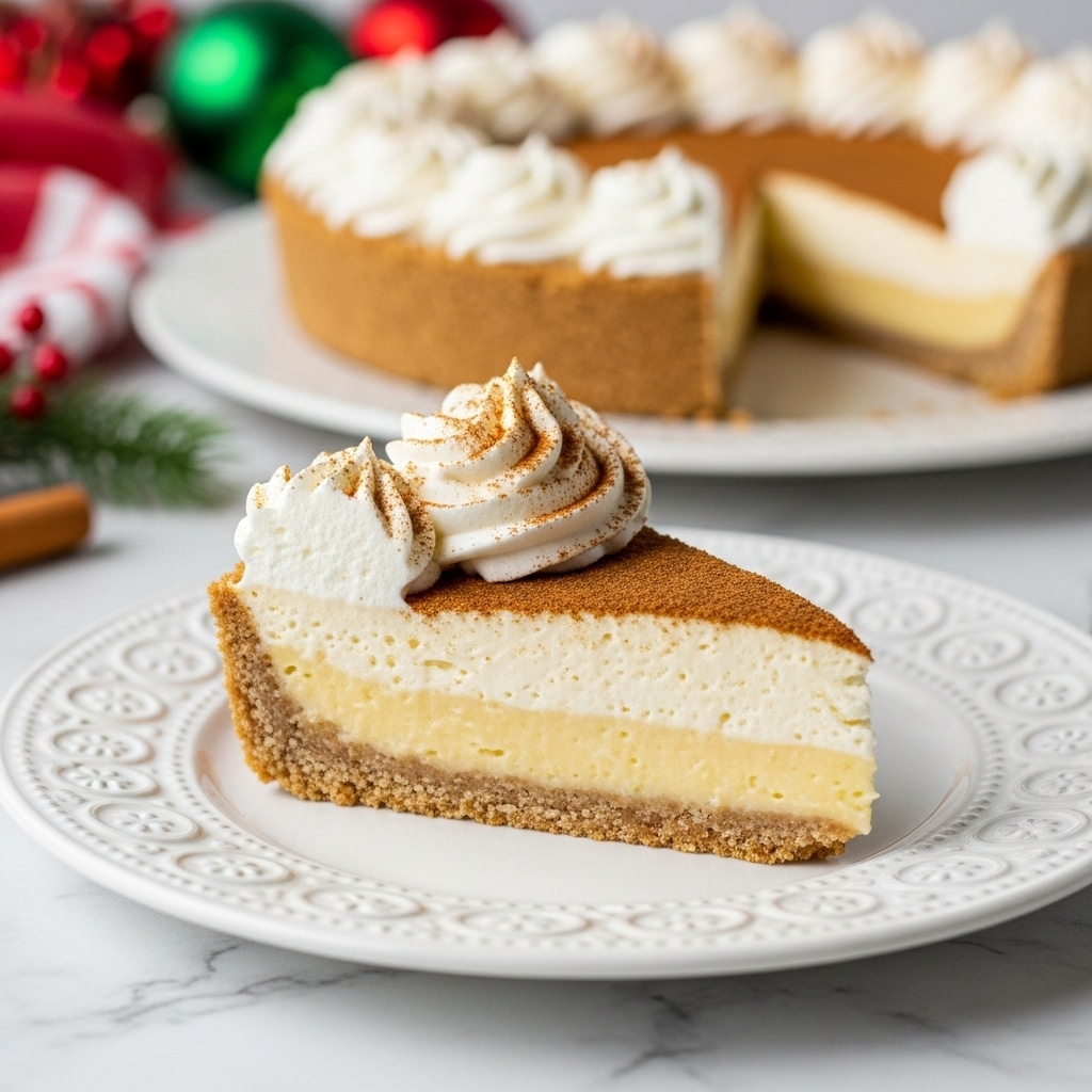A close-up of a slice of pie on a white plate with a decorative pattern, placed on a white marbled surface. The pie has three main layers: the bottom layer is a golden brown crumbly crust, the middle layer is a thick, smooth, creamy pale yellow filling, and the top layer is a light dusting of cinnamon. On top of the pie slice, there is a generous, fluffy swirl of white whipped cream sprinkled with cinnamon. In the background, there is a blurred whole pie on a white plate and holiday decorations with red and green colors. Photo taken with an iphone --ar 4:5 --v 7