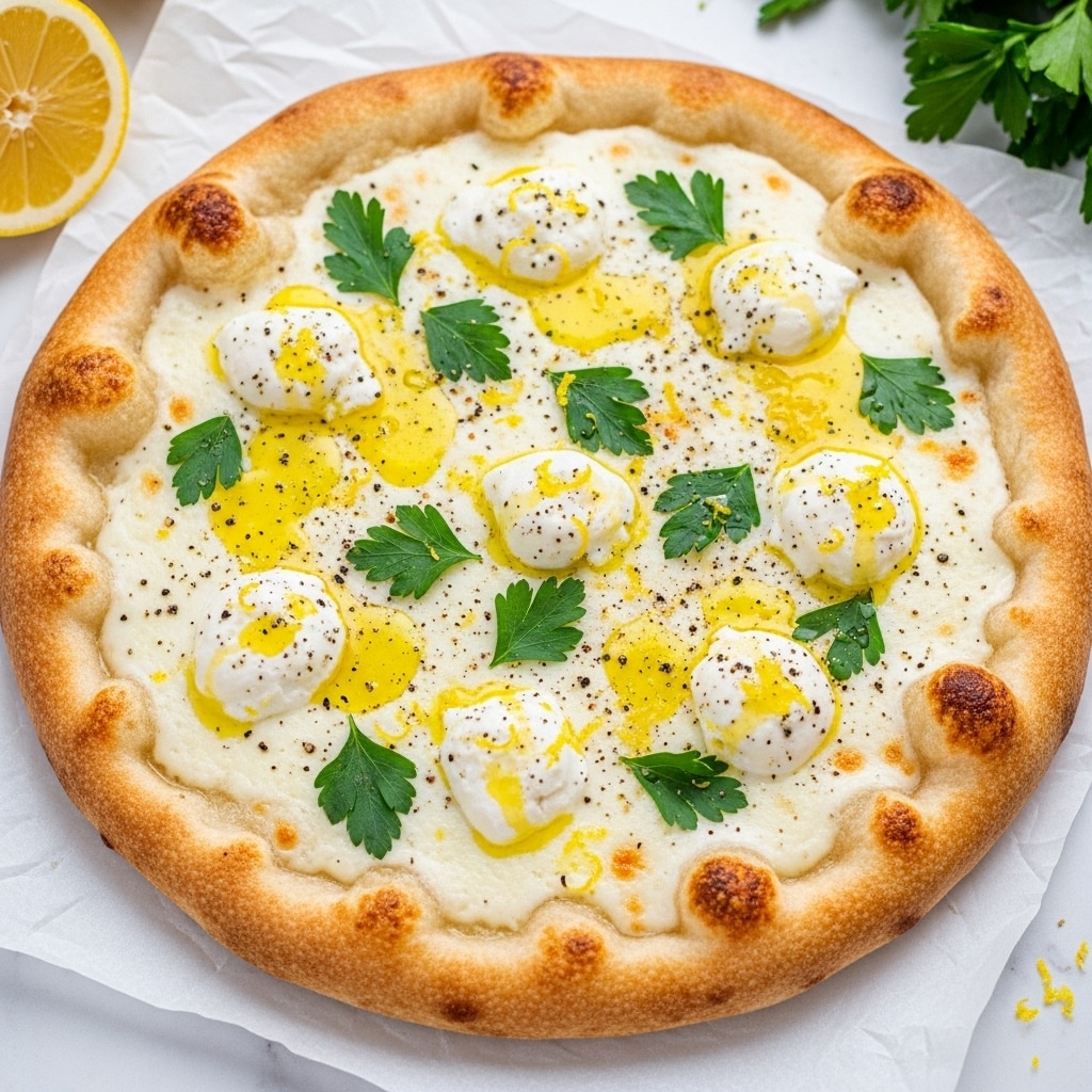 The image shows a pizza with a thick, golden crust with slight browning and bubbles around the edge. The base layer is a melted cheese mix that looks creamy and slightly oily with some yellow spots of melted butter or oil. On top, there are several small white dollops of creamy cheese spread evenly across the pizza. Green parsley leaves are scattered on top, adding a fresh color contrast. The pizza is placed on a white marbled surface with a blurred lemon half and green herbs in the background. photo taken with an iphone --ar 4:5 --v 7