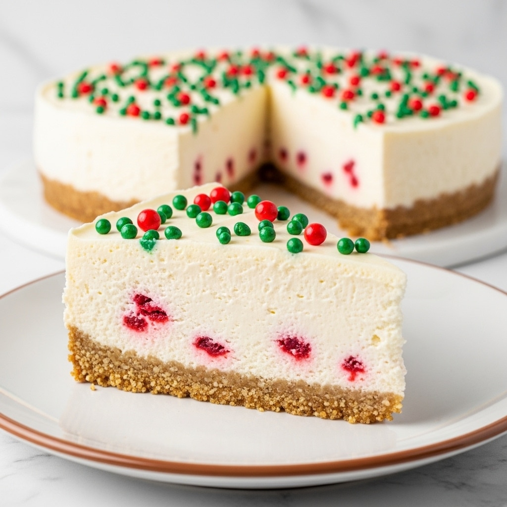 A slice of cheesecake is shown on a white plate with a light brown edge. The cheesecake has two layers: a thick, crumbly golden-brown crust at the bottom and a smooth, creamy off-white filling with small red specks inside. The top layer is creamy and decorated with tiny red and green round sprinkles scattered evenly. The background is a white marbled texture with a blurred whole cheesecake visible behind the slice. Photo taken with an iphone --ar 4:5 --v 7
