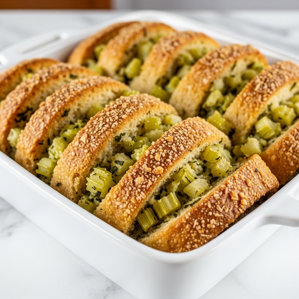 The image shows a close-up of a baked stuffing dish in a white square ceramic dish. The stuffing has several layers of toasted bread cubes that are golden brown and crisp on the edges. Mixed in between the bread pieces are small chunks of cooked celery and bits of finely chopped herbs, giving the stuffing a light green and slightly darker flecked texture. The bread is soft and moist inside with a slightly rough and crunchy outside. The dish is set on a white marbled surface with a blurred background that hints at a home kitchen setting. Photo taken with an iphone --ar 4:5 --v 7
