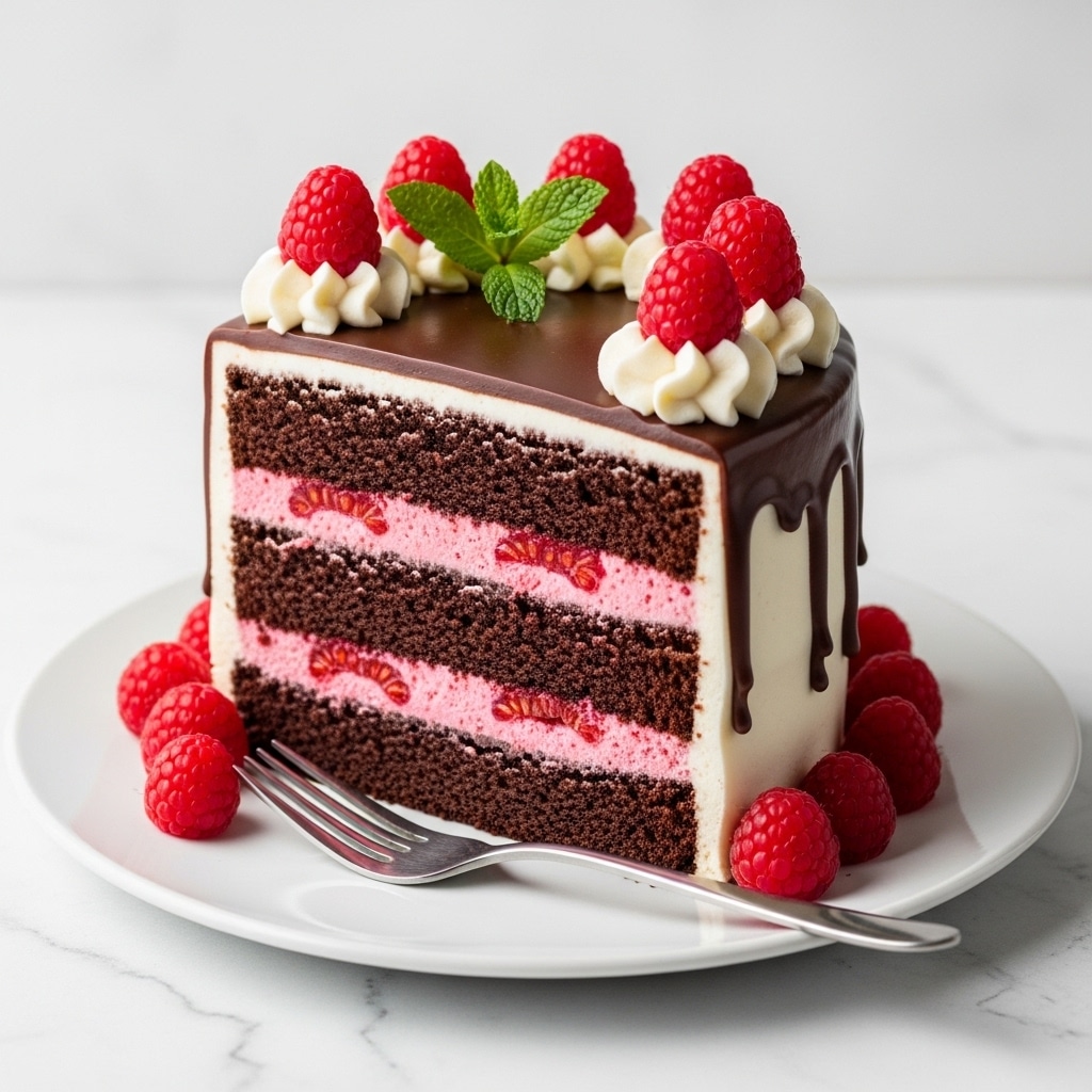 A three-layer chocolate cake sits on a white plate, with each layer of dark, moist chocolate separated by a bright pink raspberry cream filling. The outside of the cake is coated in smooth white frosting, covered by a glossy, thick chocolate ganache dripping down the sides. On top, there is a circle of fresh red raspberries sitting on small swirls of white cream, and a single green mint leaf sits in the center. Around the base of the cake on the plate, more fresh raspberries are placed, and a silver fork lies beside the cake slice. The surface beneath the plate has a white marbled texture. Photo taken with an iphone --ar 4:5 --v 7