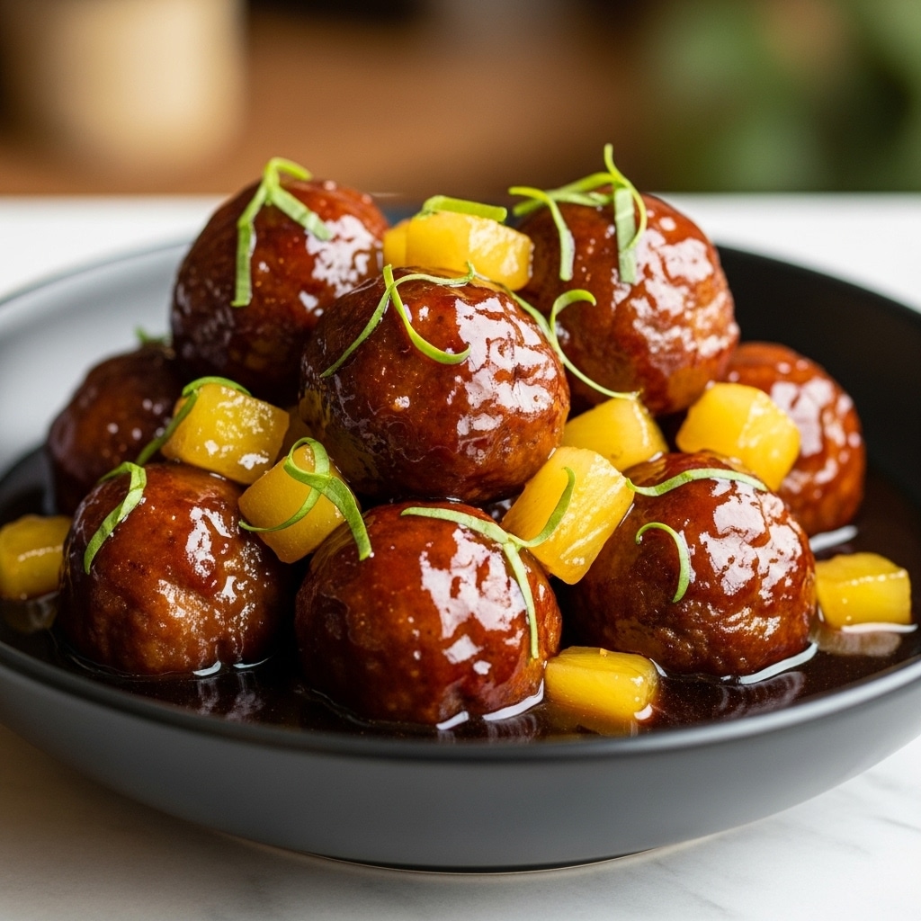 This close-up image shows a black bowl filled with shiny, dark brown glazed meatballs covered in a rich sticky sauce. The meatballs are mixed with small, bright yellow pineapple chunks, adding a pop of color. Green sprigs of fresh herbs are scattered on top, giving a fresh touch to the glossy dish. The meatballs look juicy and well-coated, sitting on a pool of dark sauce that reflects some light. The background has a soft focus with warm brown and green tones out of focus, and the bowl sits on a white marbled surface. photo taken with an iphone --ar 4:5 --v 7