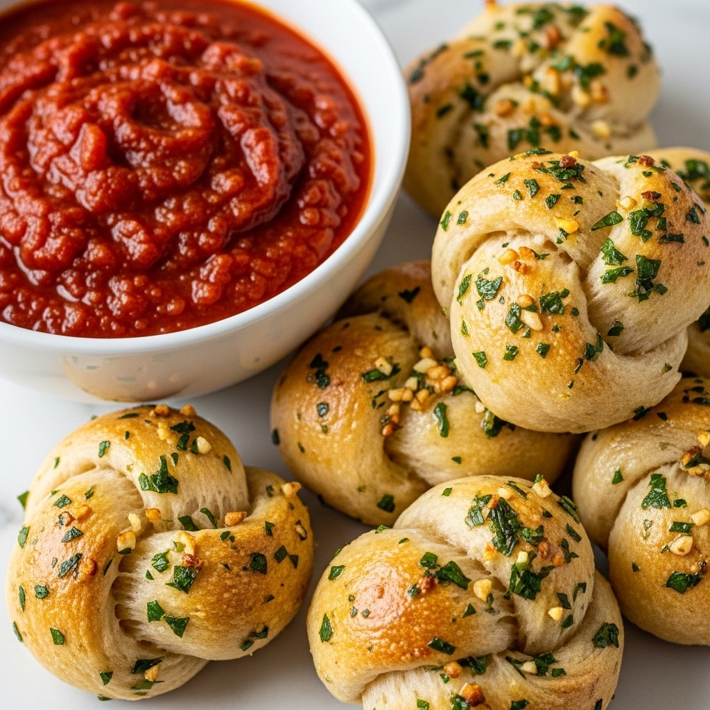 The image shows several soft, golden-baked knots covered with green herbs and small bits of light brown, likely garlic, all resting on a white marbled surface. The knots have a rough, textured look with a slightly shiny surface indicating they may be brushed with butter or oil. Next to the knots, there is a white bowl filled with thick, chunky red marinara sauce, highlighting the contrast of colors. The knots and the bowl are arranged close together, filling the frame with a cozy, inviting feel. Photo taken with an iphone --ar 4:5 --v 7
