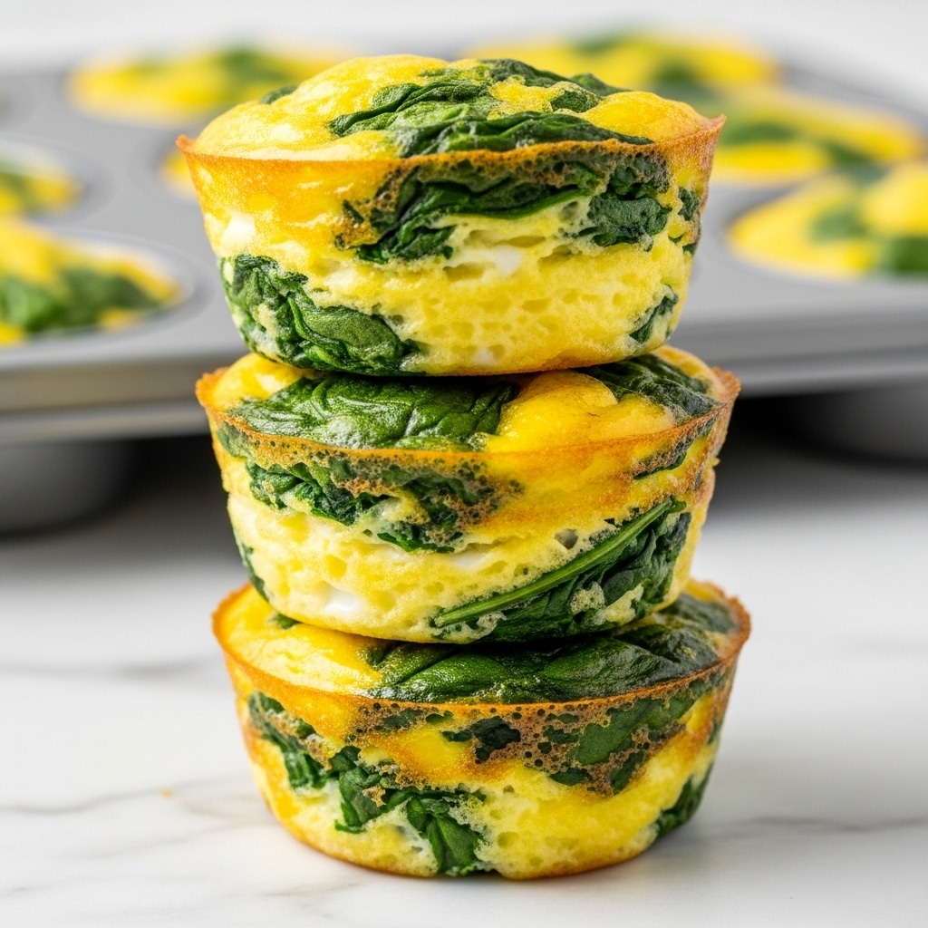 A close-up image of three mini egg muffins stacked on top of each other on a white marbled surface. Each muffin has a soft, slightly fluffy texture with visible layers of yellow cooked eggs mixed evenly with bright green spinach leaves. The muffins are thick with a slightly golden brown bottom edge, showing a well-cooked base. The green spinach is chunky and spread visibly throughout the yellow egg layer, giving a marbled effect. In the blurred background, there is a grey muffin tray with more egg muffins inside. photo taken with an iphone --ar 4:5 --v 7