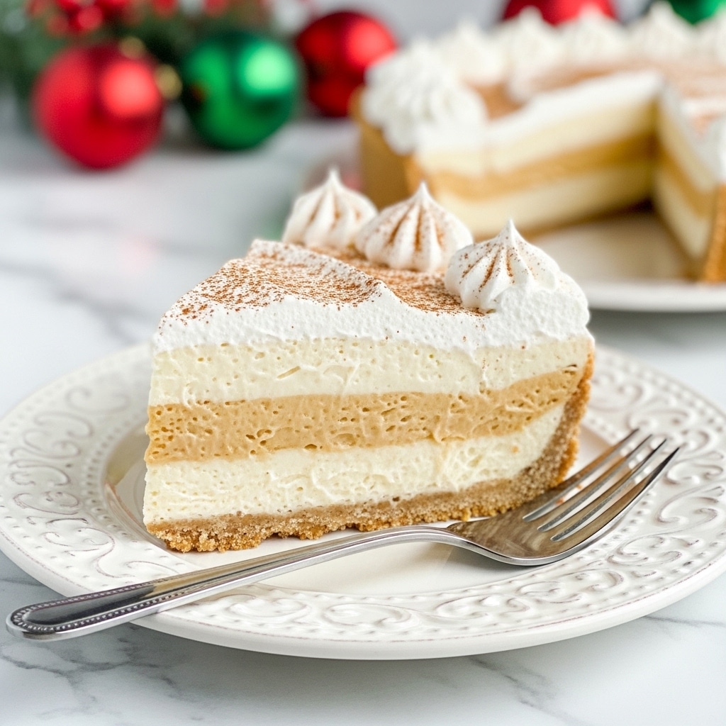 A slice of pie sits on a white plate with a detailed edge design, showing three layers: a golden brown crumbly crust on the bottom, a thick, smooth cream-colored filling in the middle, and a topping of white whipped cream with soft peaks. The whipped cream is sprinkled with a light dusting of brown cinnamon, adding texture and color contrast. The pie slice is centered with a silver fork resting on the plate beside it, all placed on a white marbled surface with blurred red and green holiday decorations in the background. photo taken with an iphone --ar 4:5 --v 7