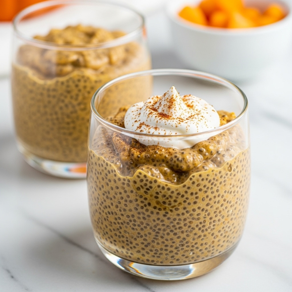 Two clear glass cups hold a chia seed pudding with a thick, creamy texture in a yellowish-brown color mixed with visible black chia seeds. Each cup is filled to the top, and one cup in the front has a dollop of white whipped cream sprinkled with brown spice on the surface. The cups sit on a white marbled surface with soft lighting, and in the blurred background, there is a white bowl with small orange pieces. photo taken with an iphone --ar 4:5 --v 7