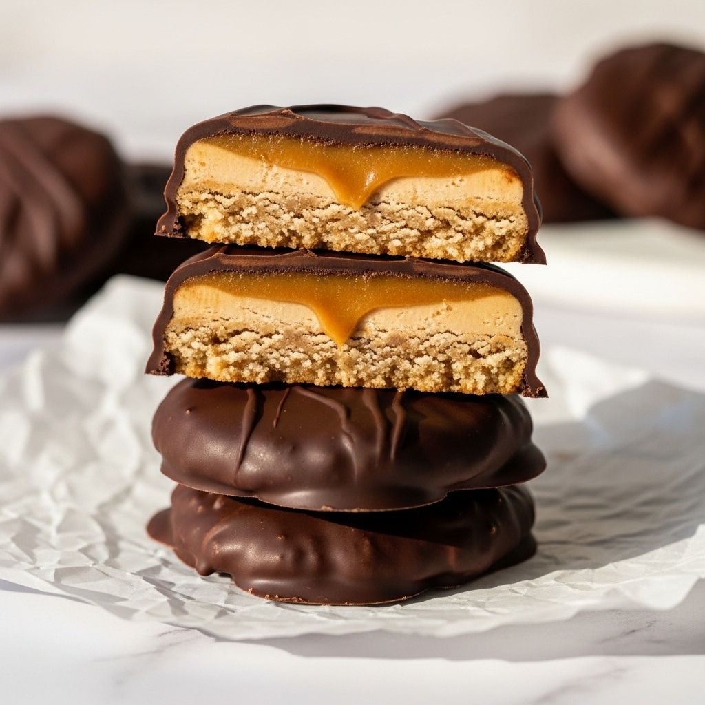 The image shows a stack of four round cookies coated in dark chocolate on top, resting on a crumpled piece of parchment paper over a white marbled surface. The top cookie is cut in half showing three visible layers from bottom to top: a crumbly beige cookie base, a light tan layer of caramel, and a smooth, glossy dark chocolate layer covering and slightly dripping down the sides. The inside textures of the layers look soft and chewy, with the caramel slightly oozing out. In the softly blurred background, more cookies are visible, also coated in dark chocolate. The whole scene is warmly lit by natural light from the left. photo taken with an iphone --ar 4:5 --v 7