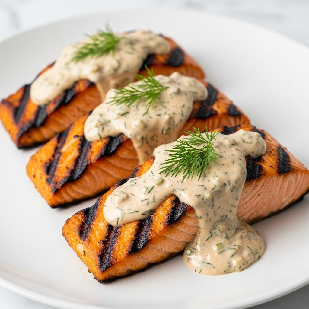 The image shows three grilled salmon pieces arranged side by side on a white plate, each piece having a charred, slightly blackened orange-pink surface with grill marks. Each salmon piece is topped with a thick, creamy light beige sauce containing small green herb bits, likely dill, which also garnishes the top of the sauce. The sauce drips slightly down the sides of the salmon and pools a little on the plate, all set against a white marbled surface. photo taken with an iphone --ar 4:5 --v 7