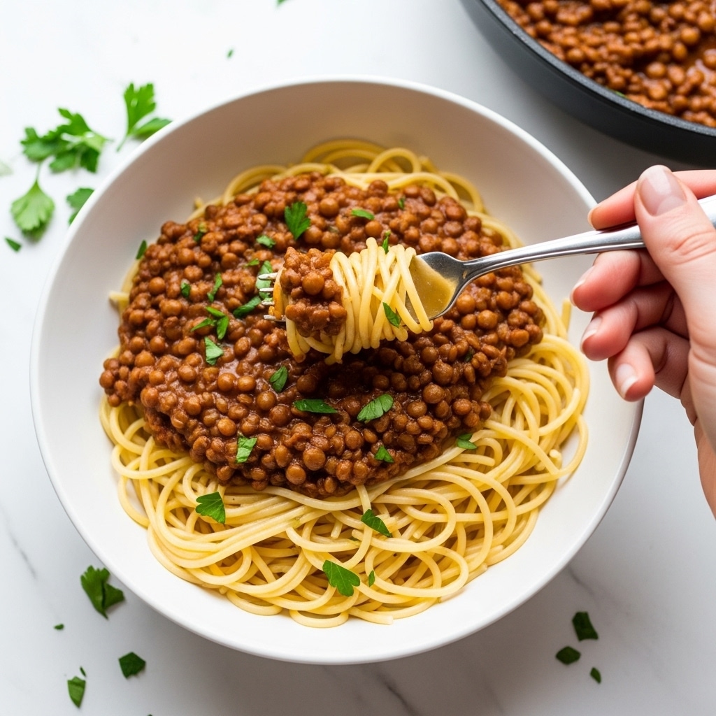 A white bowl filled with yellow spaghetti noodles at the bottom, topped with a thick, brown lentil sauce that has a slightly glossy texture and visible whole lentils. The sauce covers most of the noodles but allows some strands to peek through. There are small green parsley pieces sprinkled on top of the sauce for color contrast. A woman's hand holds a fork twirling some spaghetti and sauce near the edge of the bowl. The bowl sits on a white marbled surface with small scattered parsley leaves around it. In the background, part of a black pan filled with more lentil sauce is visible. photo taken with an iphone --ar 4:5 --v 7