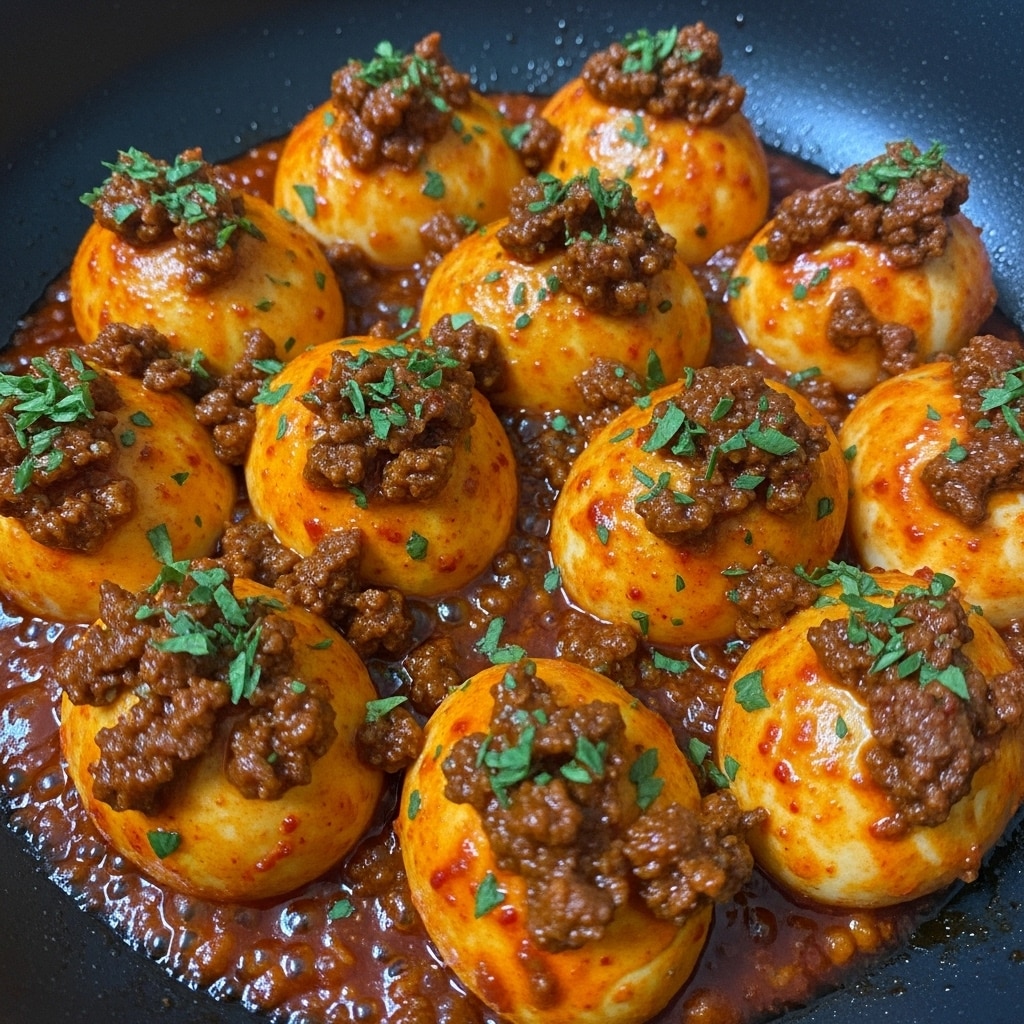 The image shows a close-up of about a dozen boiled eggs cooked in a dark pan, each egg coated with a thick reddish-orange sauce mixed with small chunks of dark brown minced meat and some green chopped herbs sprinkled over the top. The eggs have a smooth light yellow color underneath the sauce, while the sauce pools slightly around them, creating a glossy texture with bits of spices and meat spread evenly over and around the eggs. The pan's inside is black with some gloss, contrasting with the bright colors of the sauce and eggs. photo taken with an iphone --ar 4:5 --v 7
