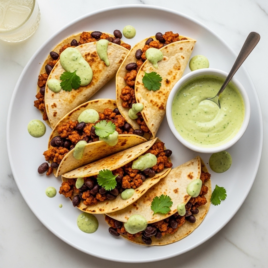 The image shows four toasted folded tortillas on a white plate, each filled with a mix of browned ground meat and black beans, forming a thick layer inside. On top of the tortillas and around the plate are drops and drizzles of a thick light green sauce with specks of herbs. Small green cilantro leaves are scattered on the plate for garnish. A small white bowl filled with the same green sauce and a spoon inside it is placed on the right side of the plate. The plate sits on a white marbled surface, and a glass with a light-colored drink is partly visible in the top left corner. photo taken with an iphone --ar 4:5 --v 7