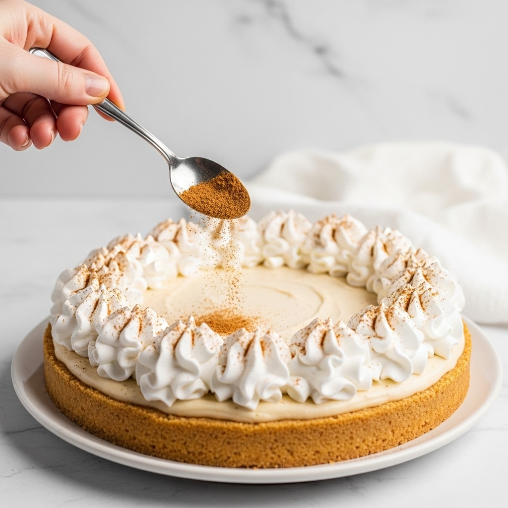 A creamy pie with a golden crust at the bottom, topped by a smooth, light beige filling that covers the entire base. Around the edge, there is a thick layer of fluffy white whipped cream piled high with soft peaks. On top of the whipped cream, there is a dusting of brown spice being gently sprinkled from a spoon held by a woman's hand from the left side. The pie sits on a white plate and the background is a white marbled texture with a soft white cloth draped behind. photo taken with an iphone --ar 4:5 --v 7