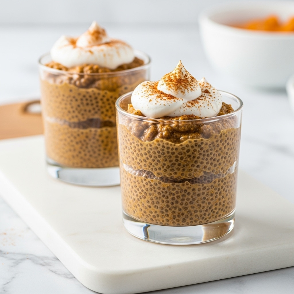 Two small clear glass cups each contain a thick, speckled golden-brown chia pudding with visible chia seeds spread evenly through the mixture. On top of each pudding layer is a dollop of white whipped cream sprinkled with a light dusting of reddish-brown cinnamon powder. The cups are placed on a rectangular white marble board, set against a white marbled textured surface in the background. A blurred white bowl with orange contents is faintly visible in the background. photo taken with an iphone --ar 4:5 --v 7