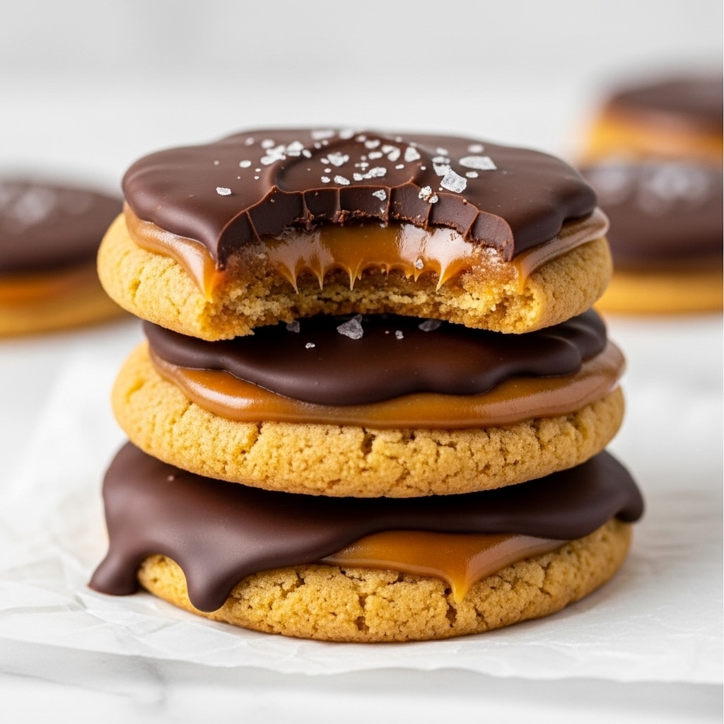 A stack of three round, thick caramel cookies with a smooth, shiny layer of dark chocolate on top. The bottom cookie shows the golden, slightly crumbly caramel base with the chocolate dripping a little over the edge. The middle cookie is similar, with a glossy chocolate top and a soft, chewy caramel base in light amber color. The top cookie has a bite taken out of it, revealing a smooth chocolate layer that covers the warm caramel inside. Small grains of coarse sea salt sprinkle over the chocolate on all cookies. The stack sits on white parchment paper over a white marbled surface, with soft natural light highlighting the textures and colors. Photo taken with an iphone --ar 4:5 --v 7