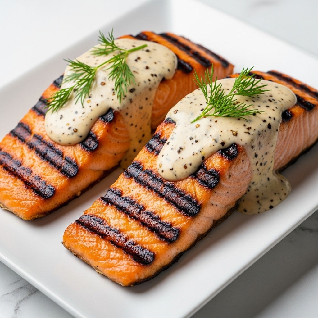 Two grilled salmon fillets rest on a white rectangular plate, each piece showing clear dark charred grill marks on the bright orange-pink flesh. A creamy light beige sauce with visible black pepper flakes generously covers the top of each salmon piece and drips slightly down the sides. Fresh green sprigs of dill sit on top of the sauce, adding a fresh color contrast. The plate is placed on a white marbled surface. photo taken with an iphone --ar 4:5 --v 7