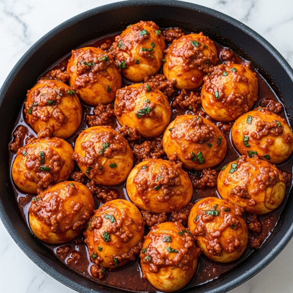 A close-up of a black pan filled with about a dozen hard-boiled eggs cooked in a rich reddish-brown spicy sauce with visible small chunks of minced meat and bits of red pepper, each egg fully coated in the sauce with glistening textures and sprinkled with small green herb pieces, all arranged closely together and sitting in a pool of thick sauce. The background has a white marbled texture. photo taken with an iphone --ar 4:5 --v 7