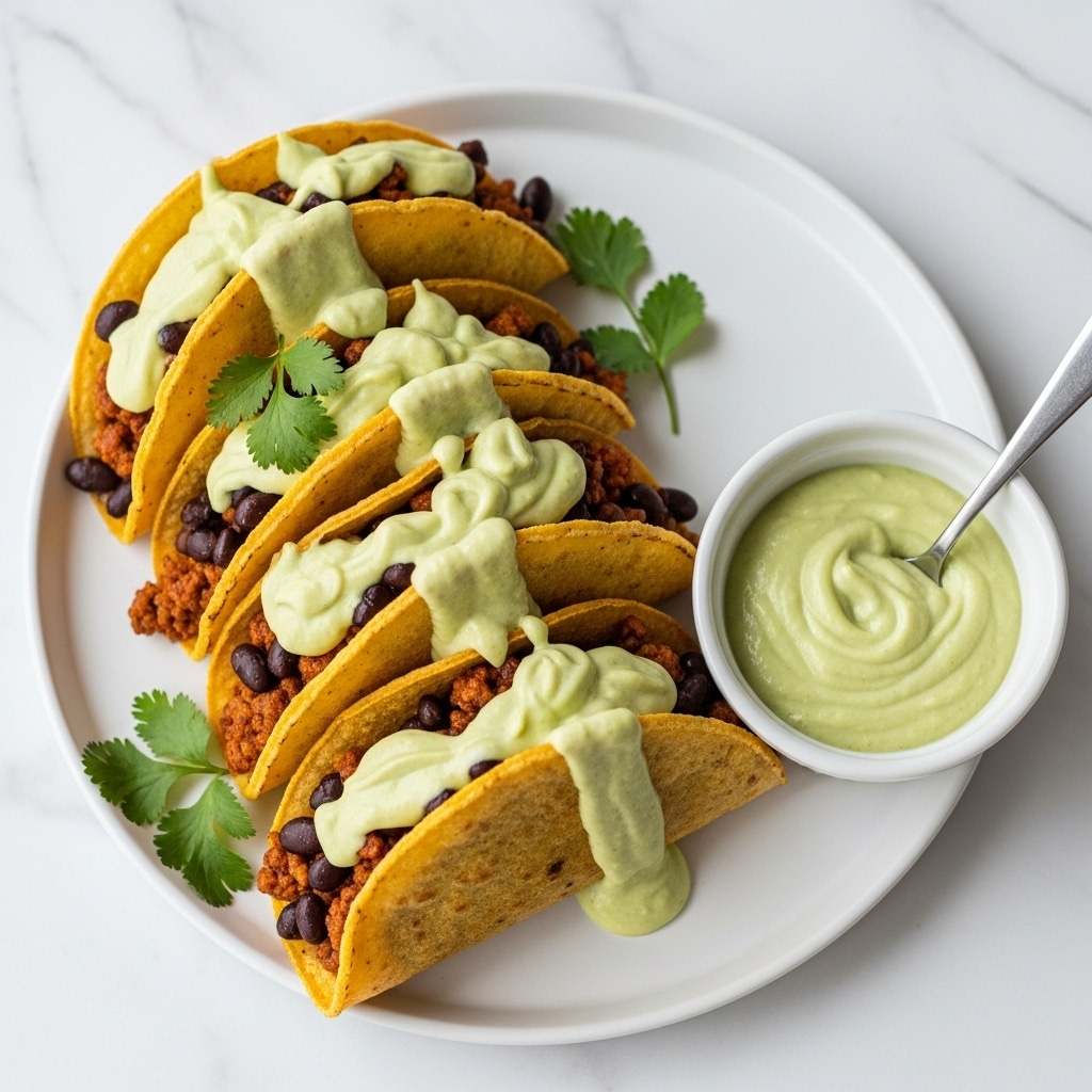 The image shows four folded, golden-brown crispy taco shells arranged closely on a round white plate over a white marbled textured surface. Each taco is filled with a mix of finely chopped cooked ground meat and black beans, visible along the open edges. A smooth, pale green sauce is drizzled generously over the tacos with some drops falling on the plate, and a few fresh cilantro leaves are scattered on the plate and tucked under the tacos for garnish. To the right of the tacos, a small white bowl holds more of the creamy green sauce, with a silver spoon resting inside it. Photo taken with an iphone --ar 4:5 --v 7