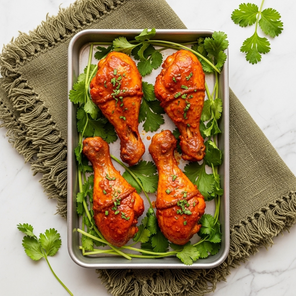 A rectangular metal tray holds four cooked chicken drumsticks arranged in two rows of two. Each drumstick is coated in a shiny, reddish-orange sauce and sprinkled with small green herb pieces. The drumsticks rest on a bed of fresh green cilantro with stems visible, and more cilantro leaves are scattered on top of the tray for garnish. The tray is placed on a folded, textured olive green cloth with fringed edges, which lies on a white marbled surface. photo taken with an iphone --ar 4:5 --v 7