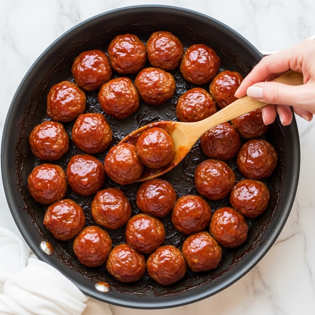 A skillet is filled with many small, round meatballs covered in a shiny, dark reddish-brown sauce that looks thick and sticky. A woman's hand holds a wooden spoon that is scooping up some of the meatballs from the skillet. The inside edges of the skillet show sauce residue, enhancing the glossy, rich texture of the dish. The skillet rests on a white marbled surface with a white cloth partially underneath. The whole scene shows the meatballs closely packed, glistening under the light, making them look juicy and flavorful. Photo taken with an iphone --ar 4:5 --v 7