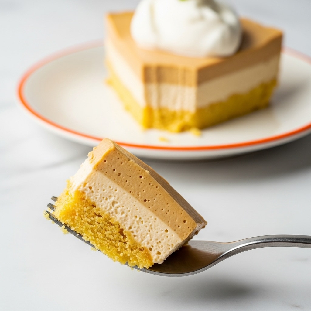 The image shows a close-up of a small piece of a creamy, light brown dessert on a silver fork. The dessert has two layers: a smooth, thick creamy top layer with a light brown color and a crumbly yellow bottom layer. In the background, there is a slice of the same dessert on a white plate with an orange rim. The dessert slice also has a dollop of white whipped cream on top. The scene is set on a white marbled texture with soft, natural lighting. photo taken with an iphone --ar 4:5 --v 7