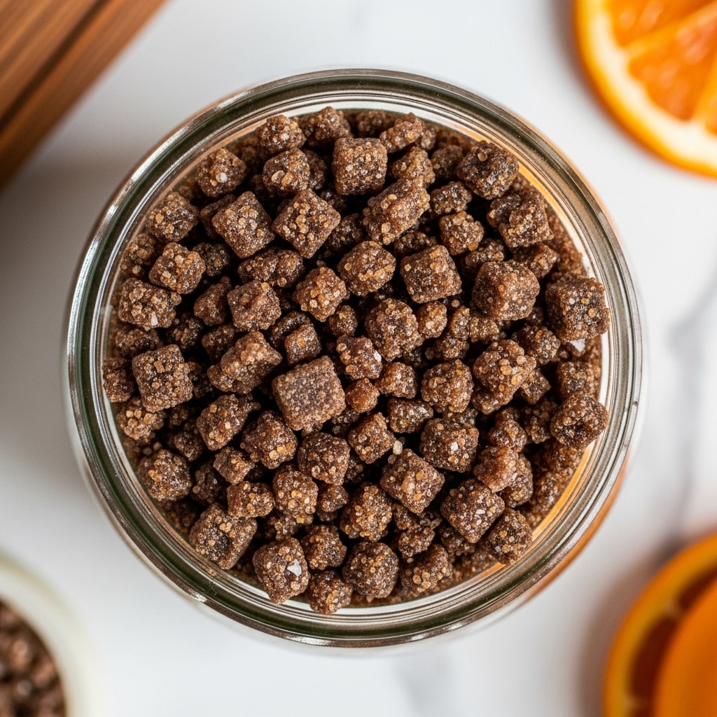 The image shows a close-up top view of a clear glass jar filled to the brim with dark brown, coarse sugar crystals. The crystals have a shiny, slightly uneven texture that reflects light, creating a sparkly effect. The jar is centered on a white marbled texture, with blurred elements of brown and orange colors on the sides, suggesting wooden and citrus accents just out of focus, adding warmth to the scene. photo taken with an iphone --ar 4:5 --v 7