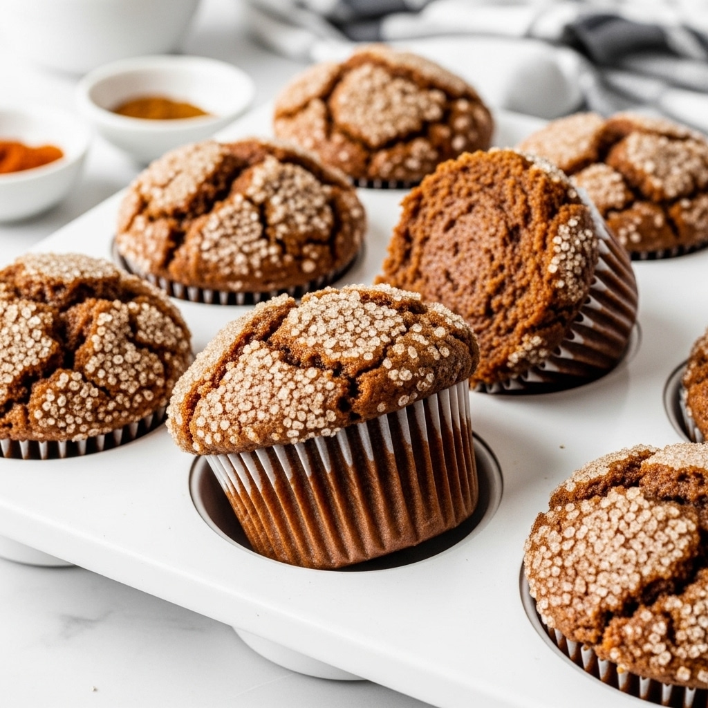 A close-up of ten freshly baked muffins arranged in a beige muffin tray set on a white marbled surface, with four muffins topped with sparkling coarse sugar crystals creating a rough golden texture, and six plain muffins showing a smooth, cracked brown top with a soft, spongy appearance; two muffins are flipped on their sides, revealing the dark brown ridged paper liners underneath. Photo taken with an iphone --ar 4:5 --v 7