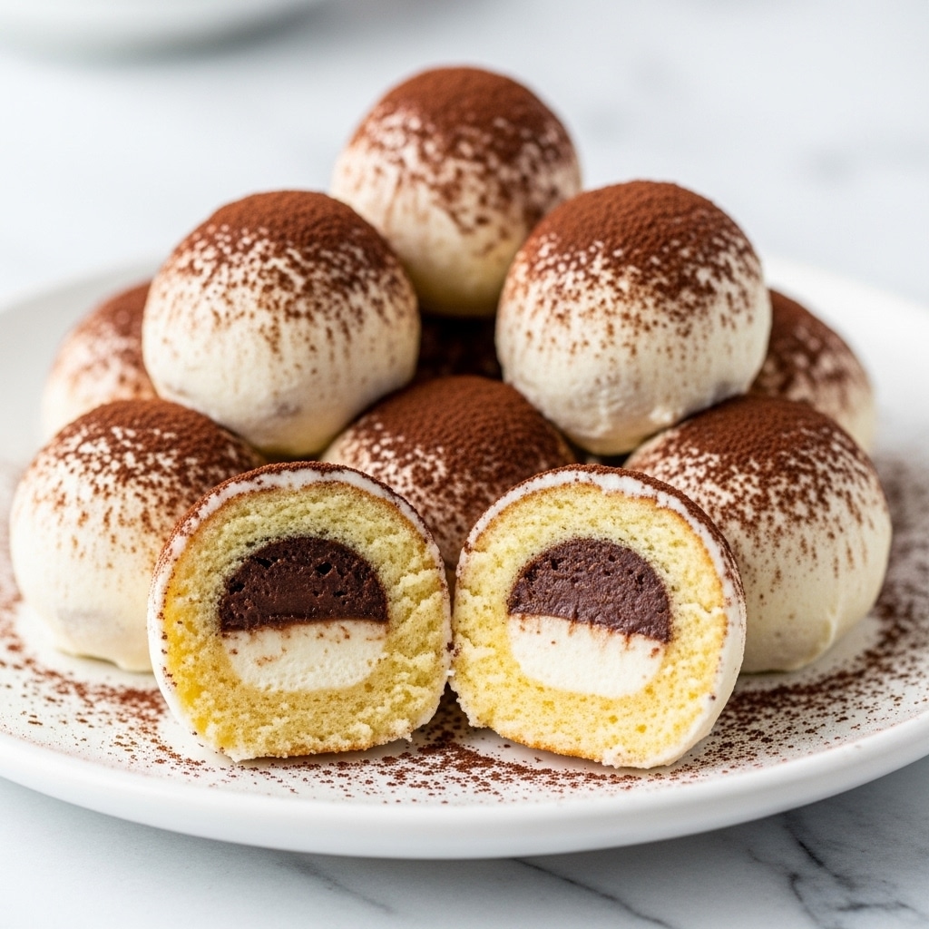 A white plate holds a pile of round dessert balls coated in white cream and dusted with fine brown cocoa powder. Two of the balls are cut open to show three layers inside: a soft light brown outer cake layer, a middle dark brown chocolate filling, and a creamy white inner layer. The cocoa powder is also lightly sprinkled on the plate around the balls, and the background shows a blurred white marbled texture. photo taken with an iphone --ar 4:5 --v 7